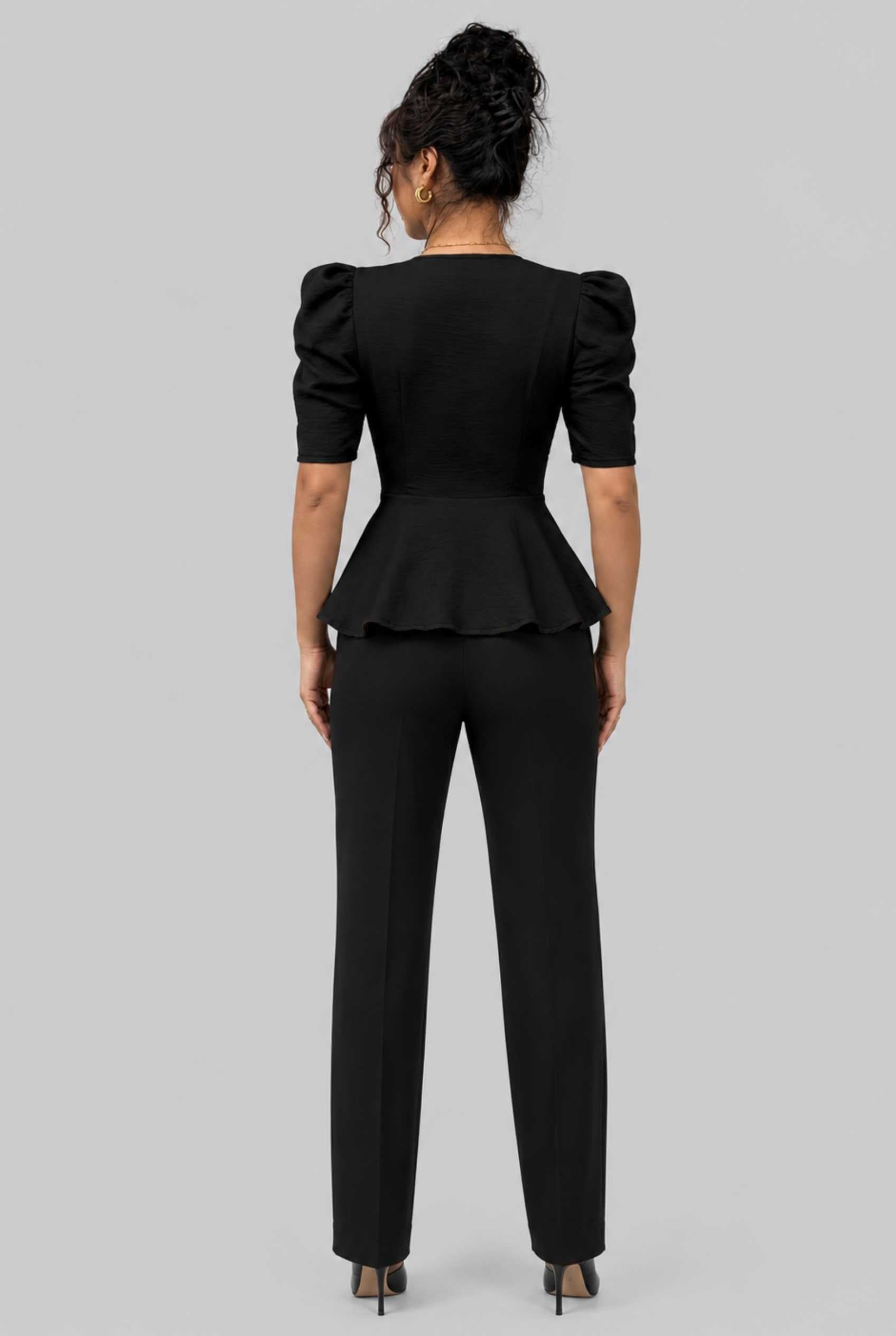 Virtual Model Wearing The Juliette Peplum Blazer Square Neck Puff-Sleeve Peplum Black Blazer