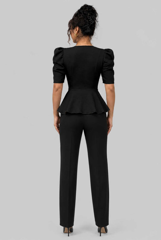 Virtual Model Wearing The Juliette Peplum Blazer Square Neck Puff-Sleeve Peplum Black Blazer