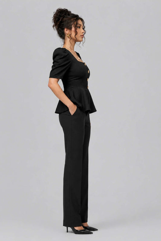 Virtual Model Wearing The Juliette Peplum Blazer Square Neck Puff-Sleeve Peplum Black Blazer