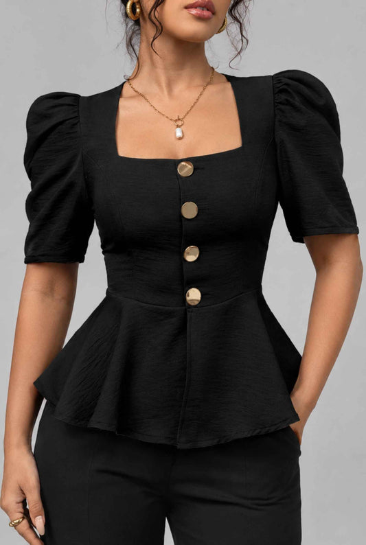 Virtual Model Wearing The Juliette Peplum Blazer Square Neck Puff-Sleeve Peplum Black Blazer