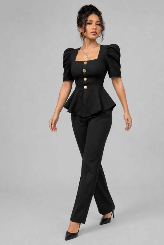 Virtual Model Wearing The Juliette Peplum Blazer Square Neck Puff-Sleeve Peplum Black Blazer