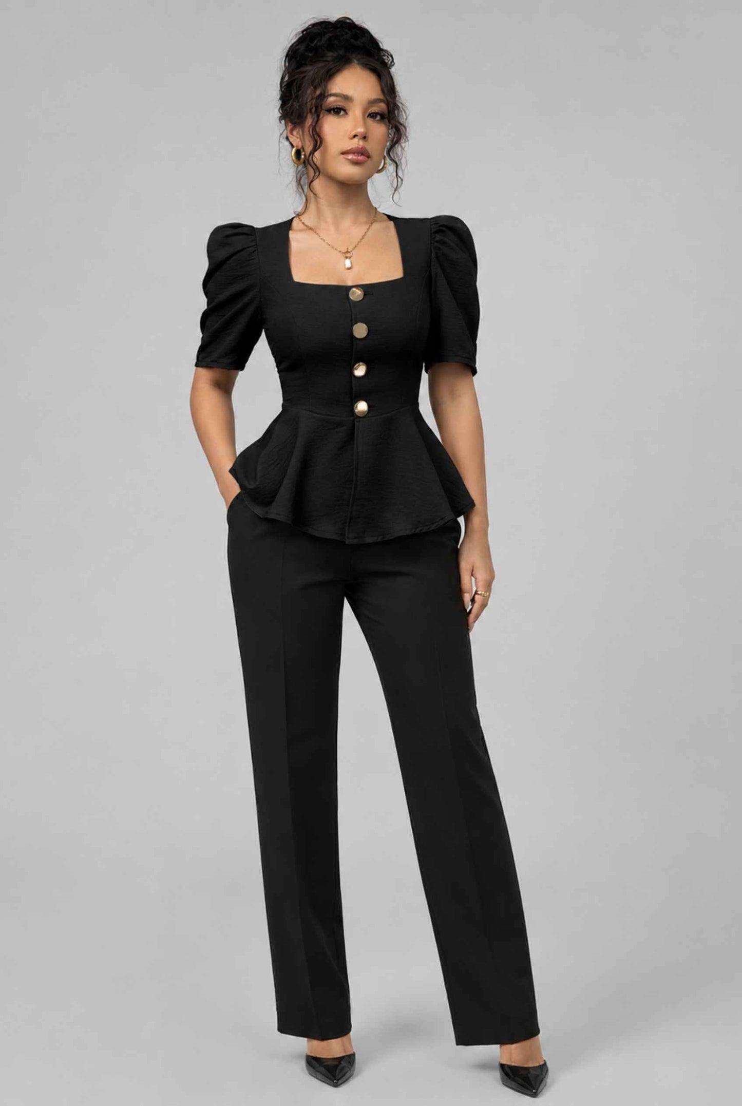 Virtual Model Wearing The Juliette Peplum Blazer Square Neck Puff-Sleeve Peplum Black Blazer