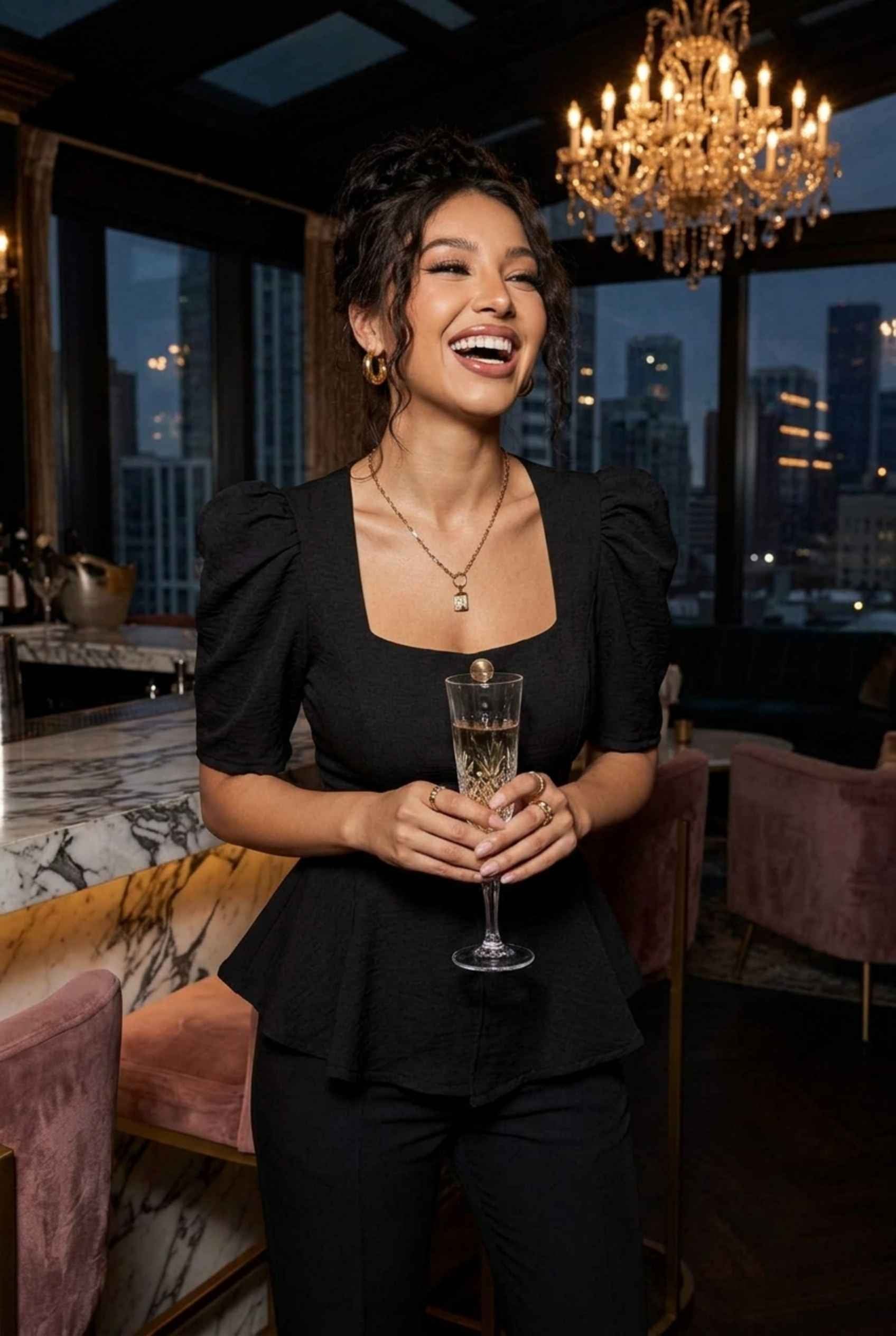 Virtual Model Wearing The Juliette Peplum Blazer Square Neck Puff-Sleeve Peplum Black Blazer