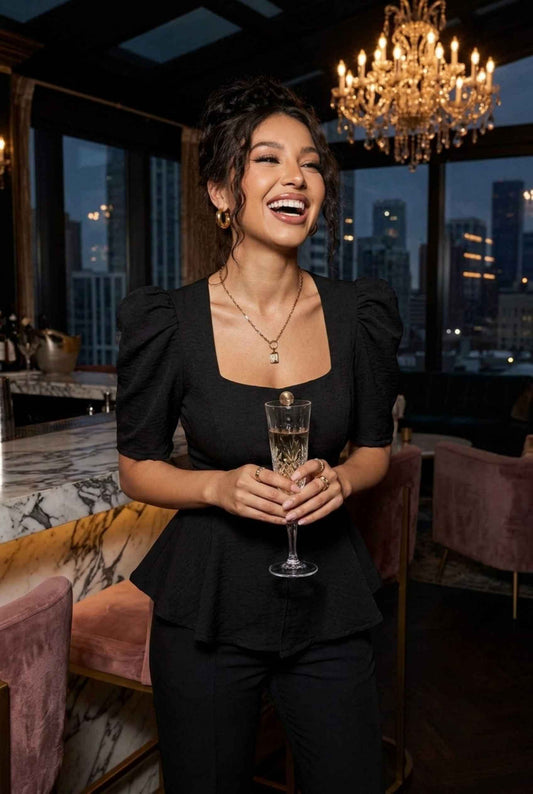 Virtual Model Wearing The Juliette Peplum Blazer Square Neck Puff-Sleeve Peplum Black Blazer