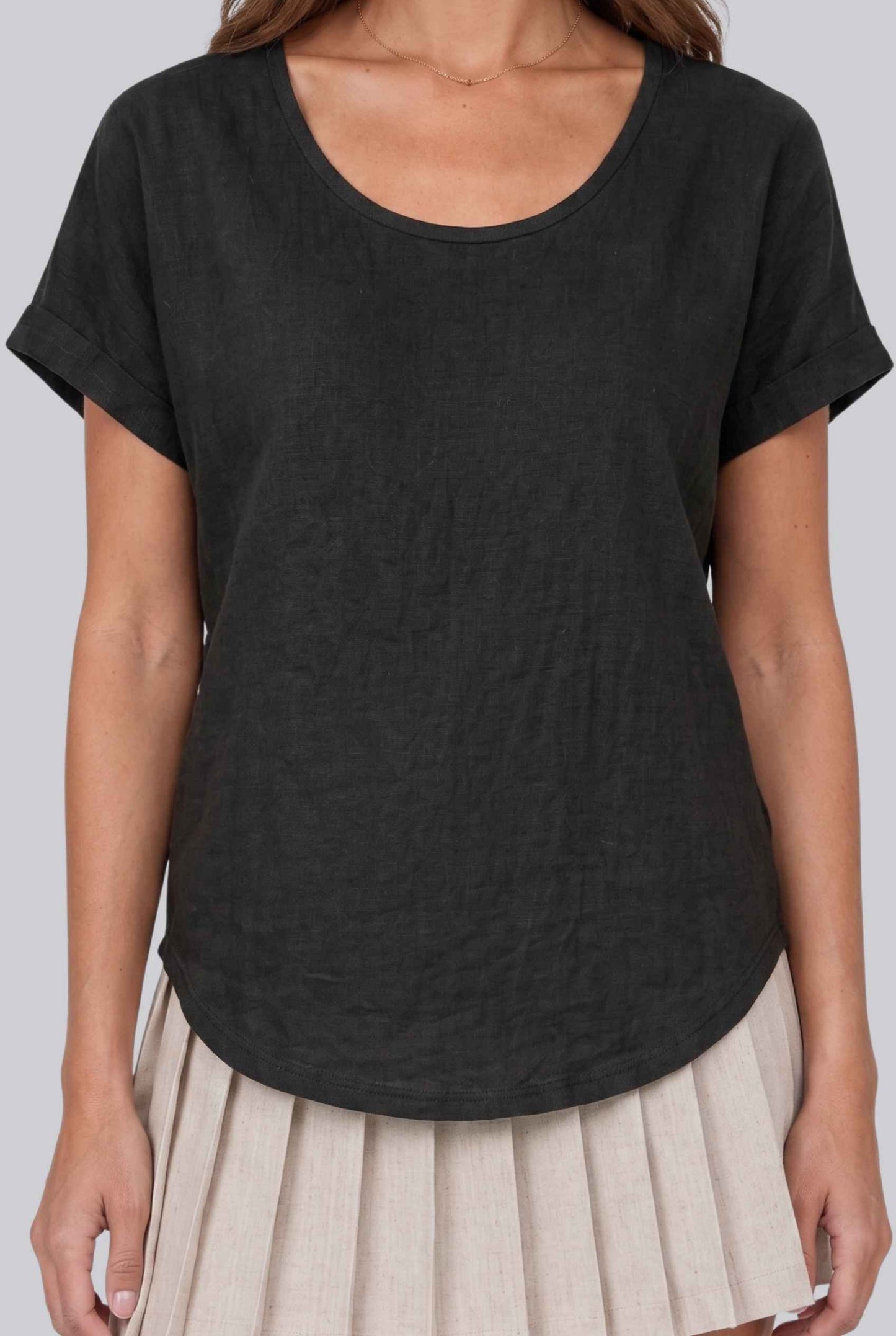 Virtual model wearing The Kira Cotton Linen Top Relaxed Round Neck Short Sleeve Top in Black