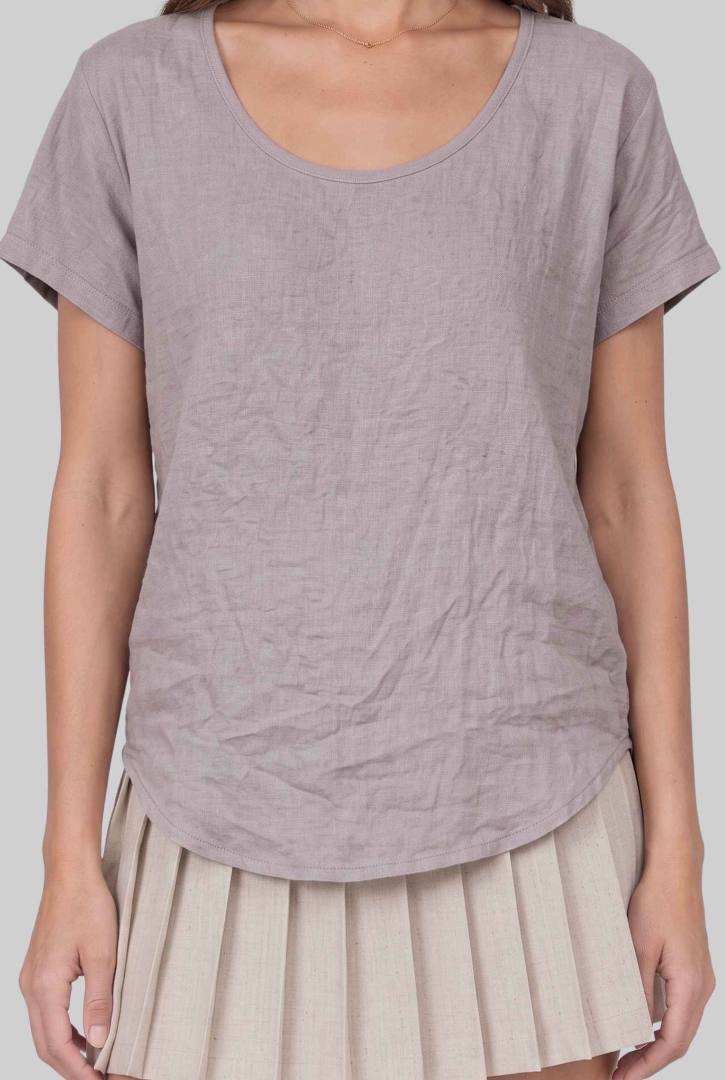 Virtual model wearing The Kira Cotton Linen Top Relaxed Round Neck Short Sleeve Top in Gray