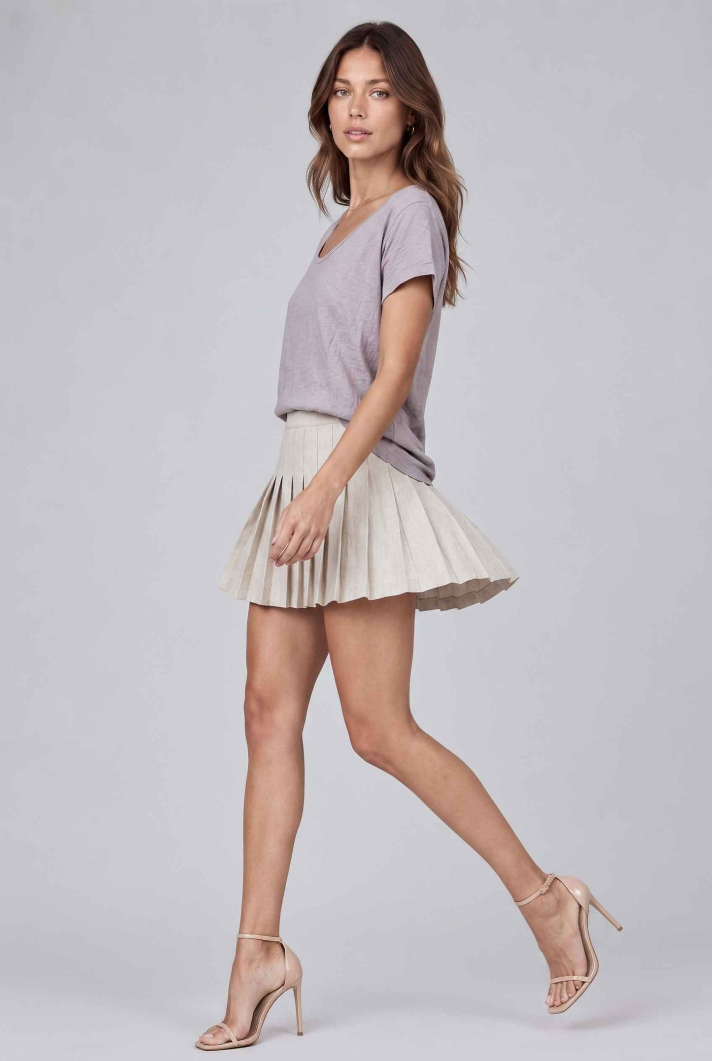 Virtual model wearing The Kira Cotton Linen Top Relaxed Round Neck Short Sleeve Top in Gray