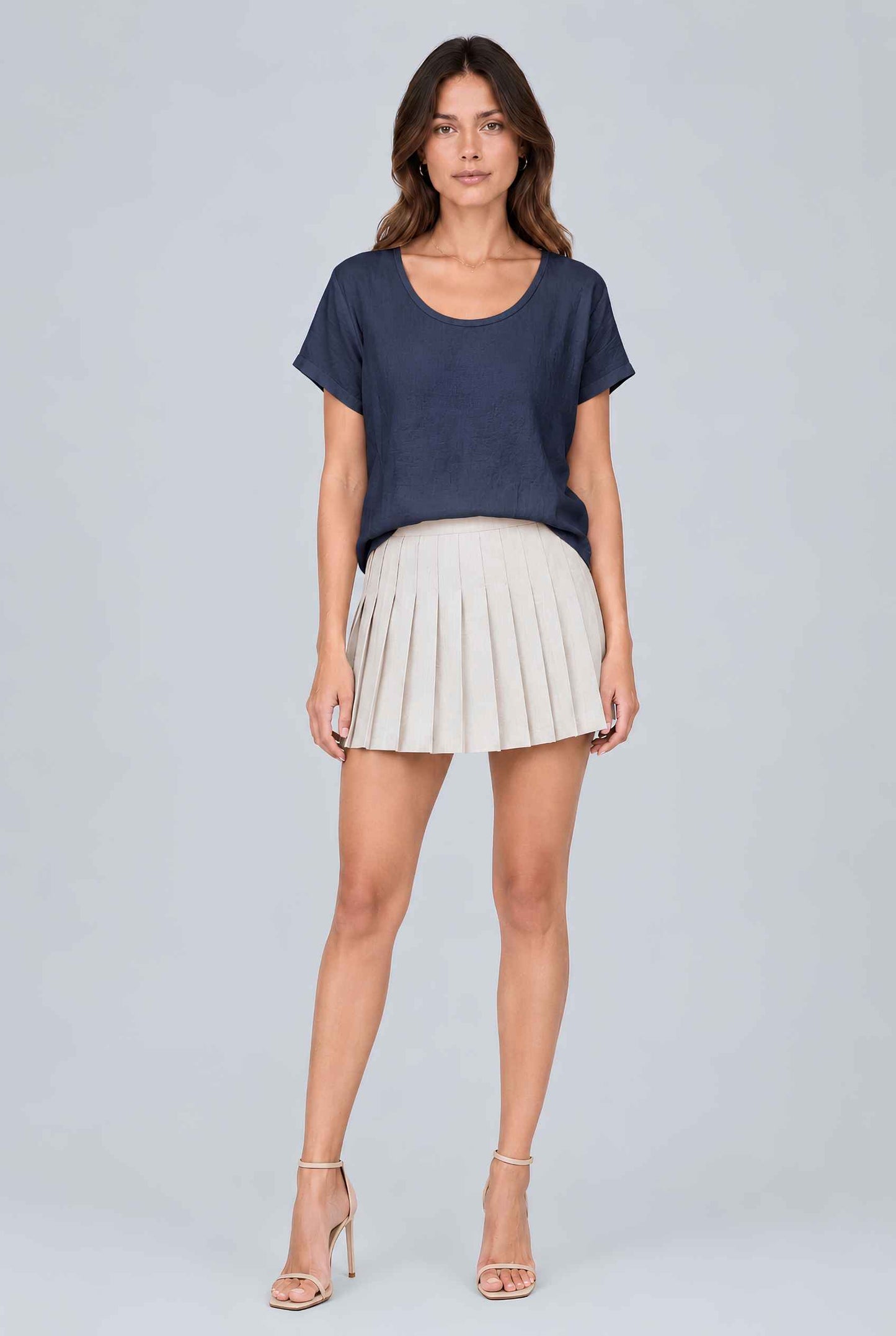 Virtual model wearing The Kira Cotton Linen Top Relaxed Round Neck Short Sleeve Top in Navy