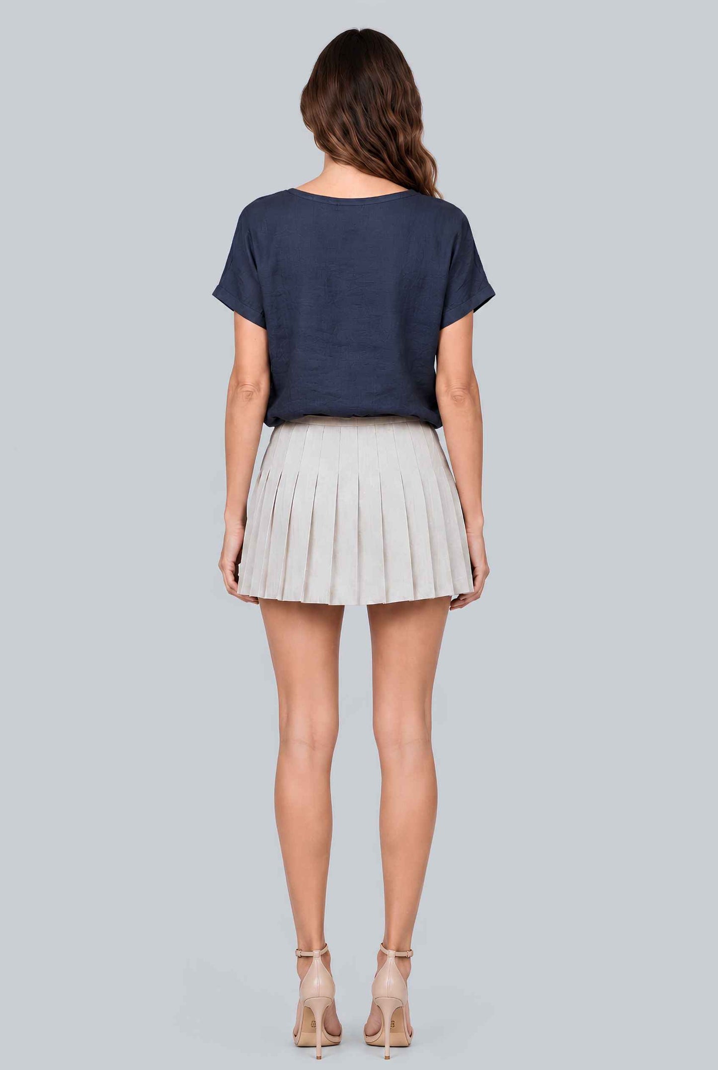 Virtual model wearing The Kira Cotton Linen Top Relaxed Round Neck Short Sleeve Top in Navy
