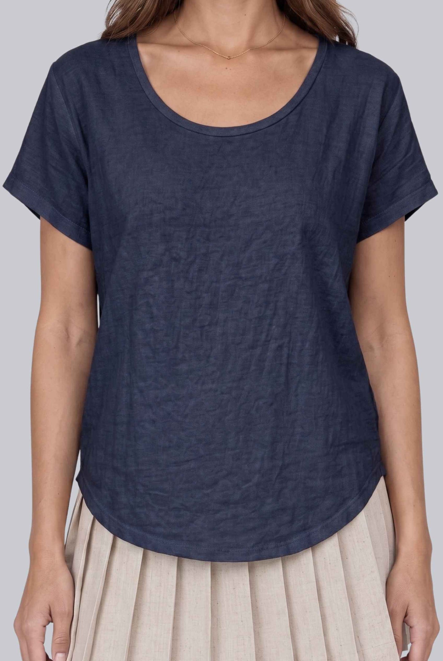 Virtual model wearing The Kira Cotton Linen Top Relaxed Round Neck Short Sleeve Top in Navy