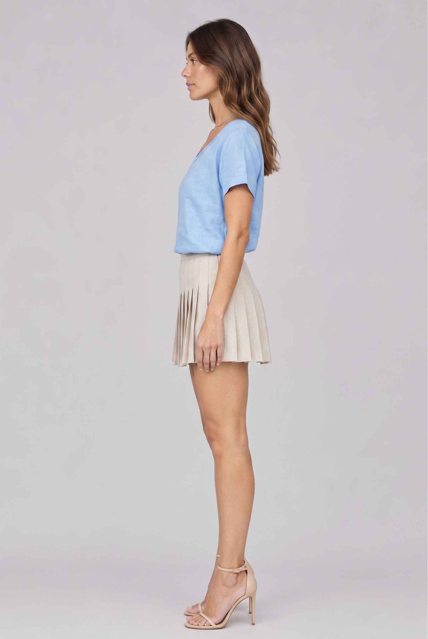 Virtual model wearing The Kira Cotton Linen Top Relaxed Round Neck Short Sleeve Top in Sky Blue