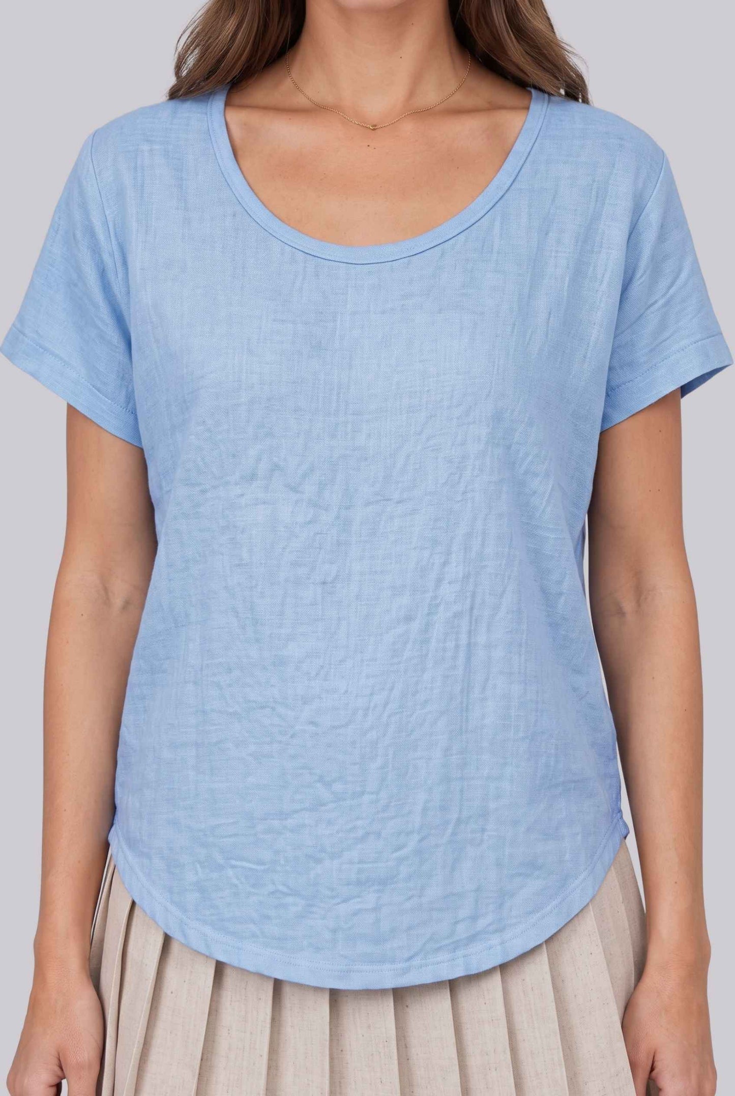 Virtual model wearing The Kira Cotton Linen Top Relaxed Round Neck Short Sleeve Top in Sky Blue