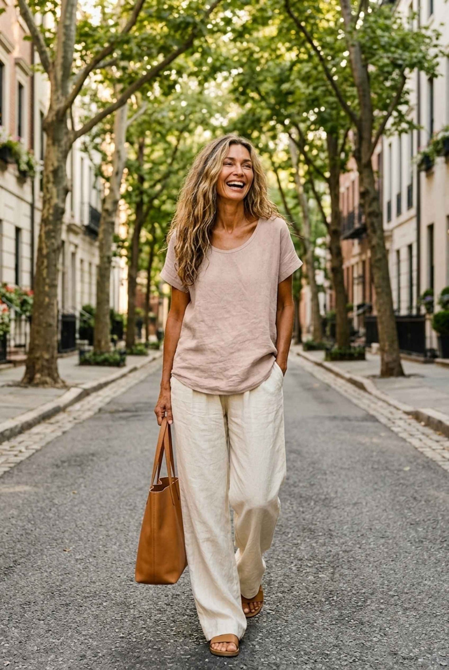 Virtual Model Wearing The Kira Cotton-Linen Top Relaxed Scoop Neck Short Sleeve Beige Top