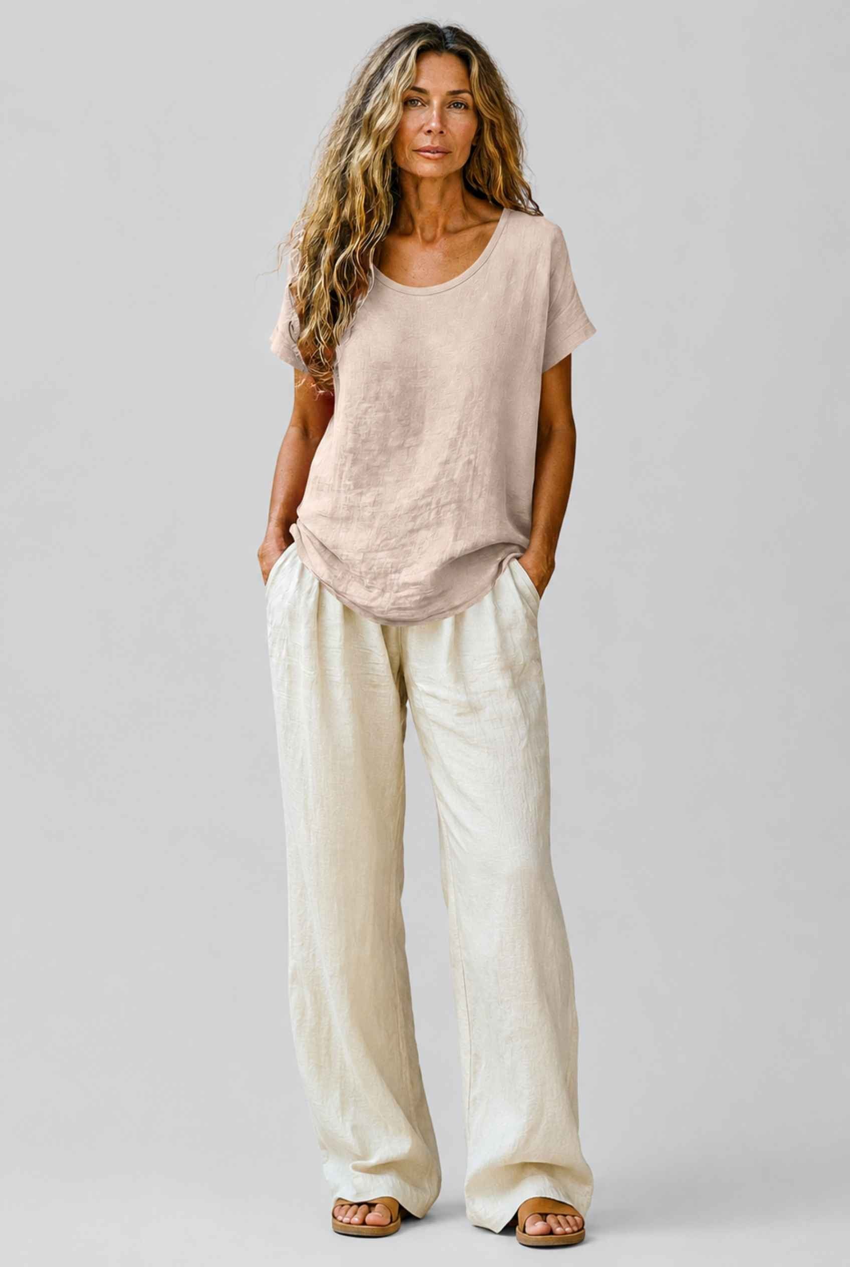 Virtual Model Wearing The Kira Cotton-Linen Top Relaxed Scoop Neck Short Sleeve Beige Top