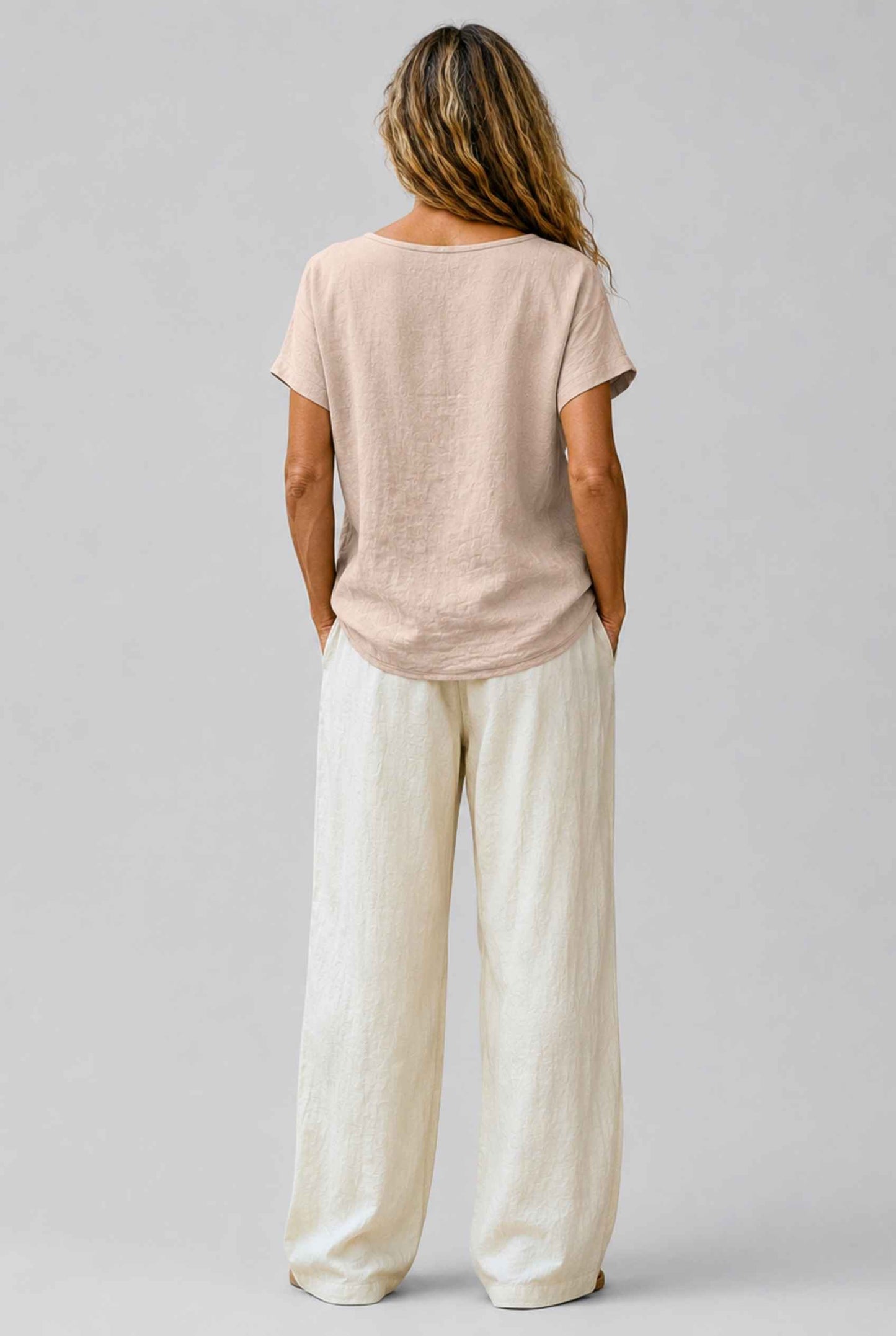 Virtual Model Wearing The Kira Cotton-Linen Top Relaxed Scoop Neck Short Sleeve Beige Top