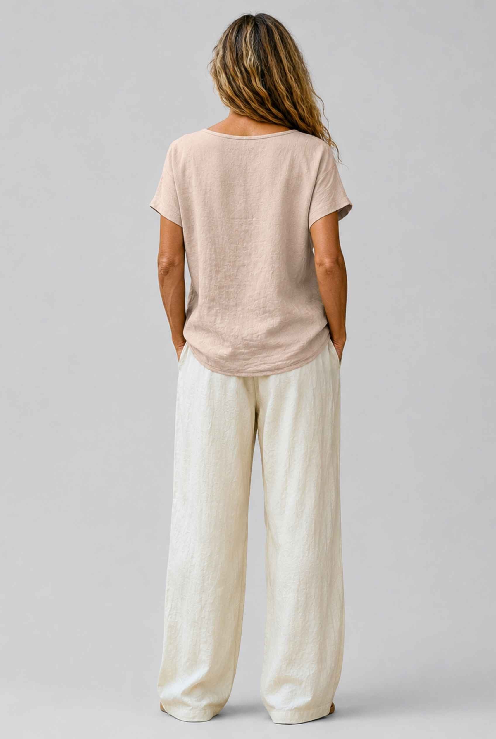 Virtual Model Wearing The Kira Cotton-Linen Top Relaxed Scoop Neck Short Sleeve Beige Top