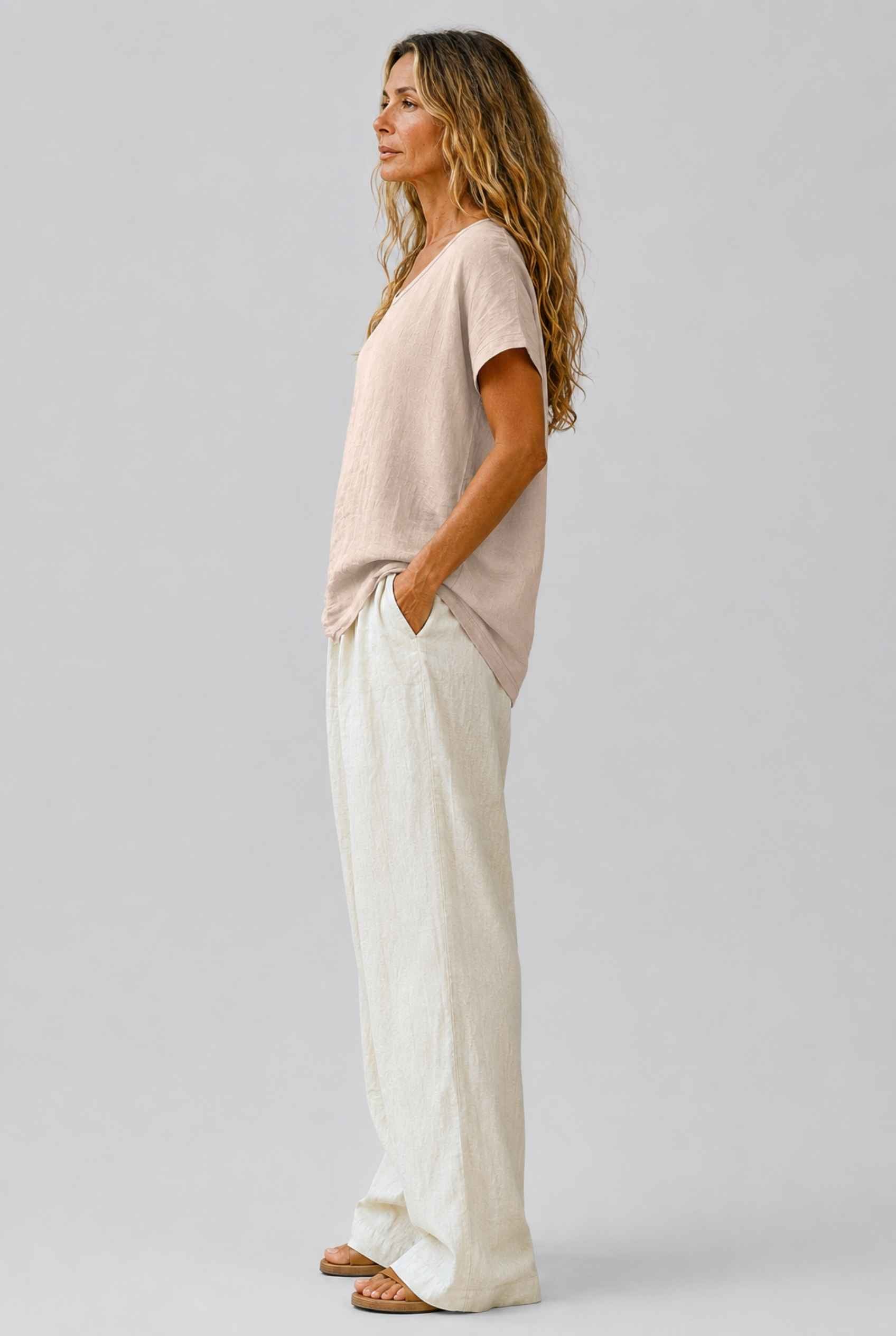 Virtual Model Wearing The Kira Cotton-Linen Top Relaxed Scoop Neck Short Sleeve Beige Top