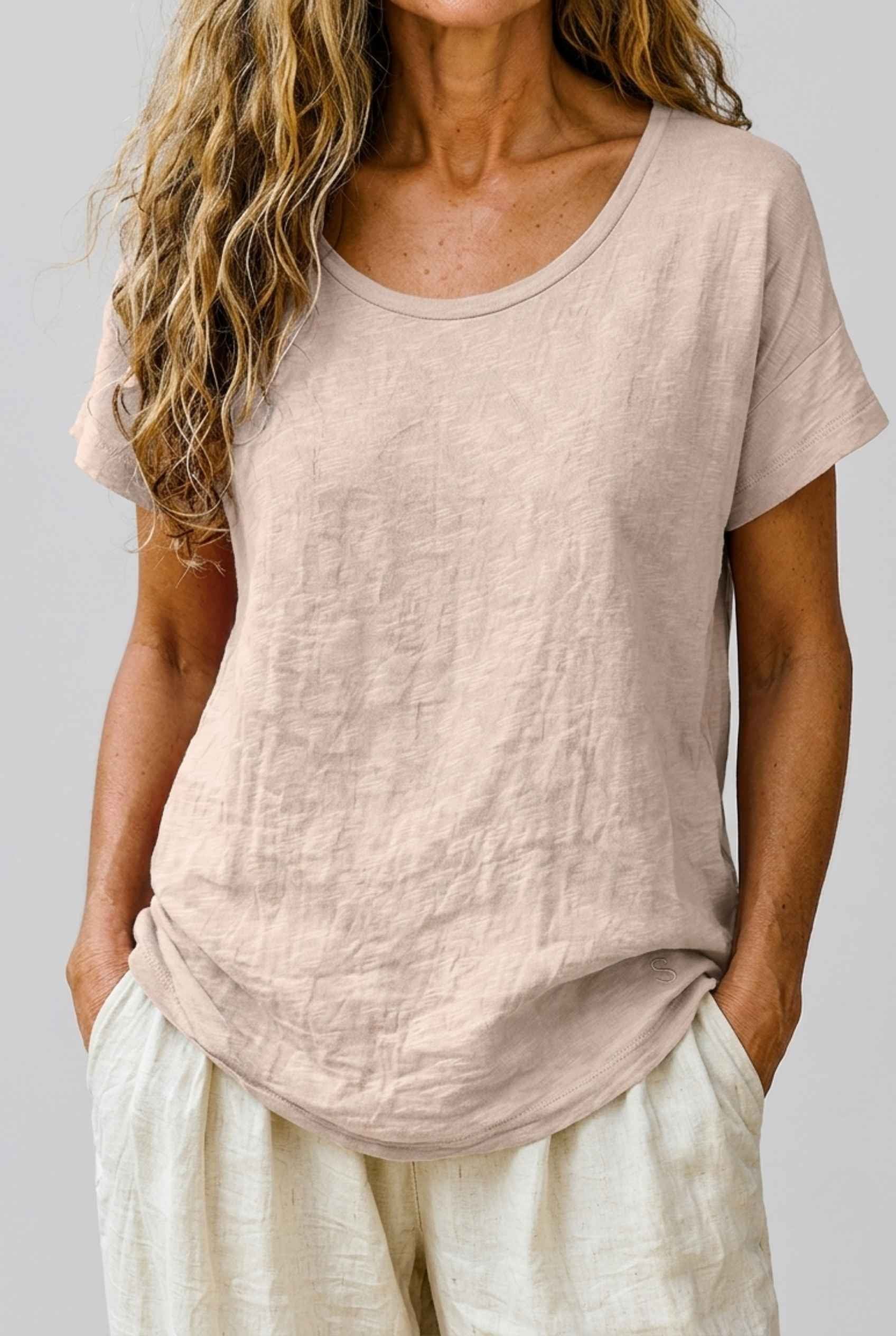 Virtual Model Wearing The Kira Cotton-Linen Top Relaxed Scoop Neck Short Sleeve Beige Top