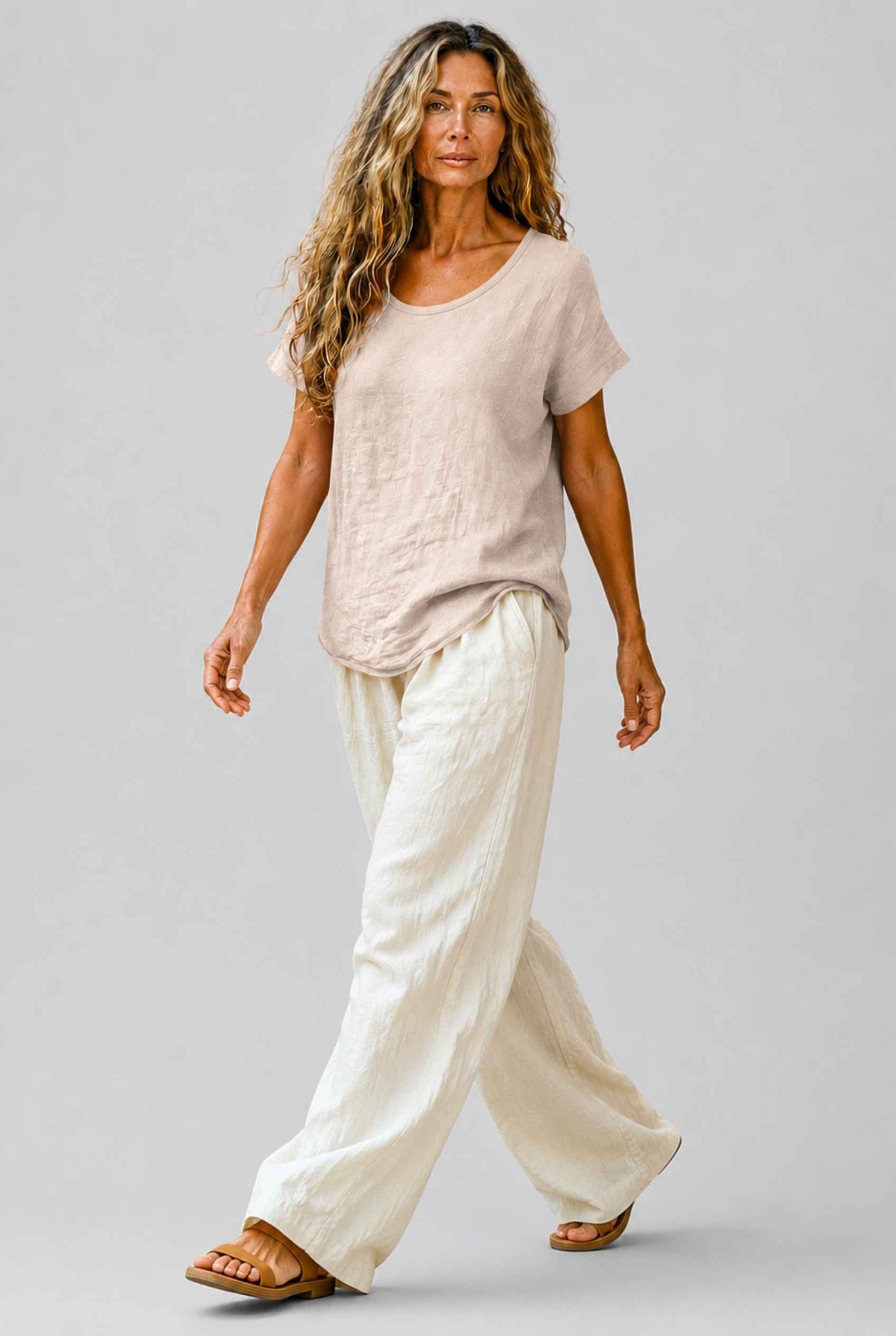 Virtual Model Wearing The Kira Cotton-Linen Top Relaxed Scoop Neck Short Sleeve Beige Top