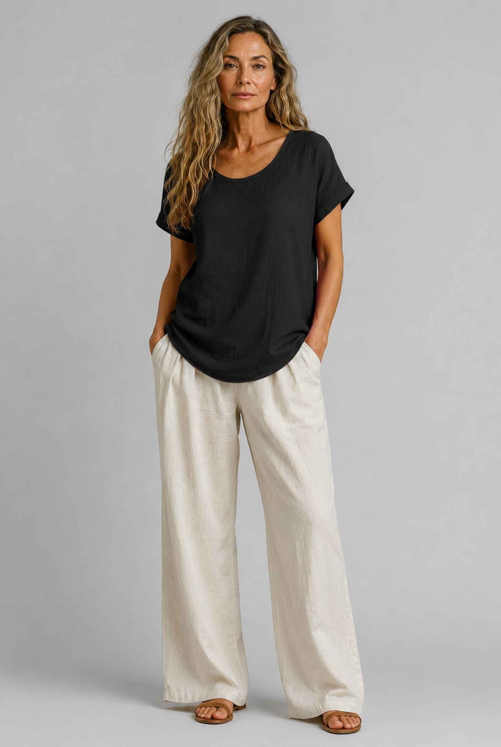 Virtual Model Wearing The Kira Cotton-Linen Top Relaxed Scoop Neck Short Sleeve Black Top