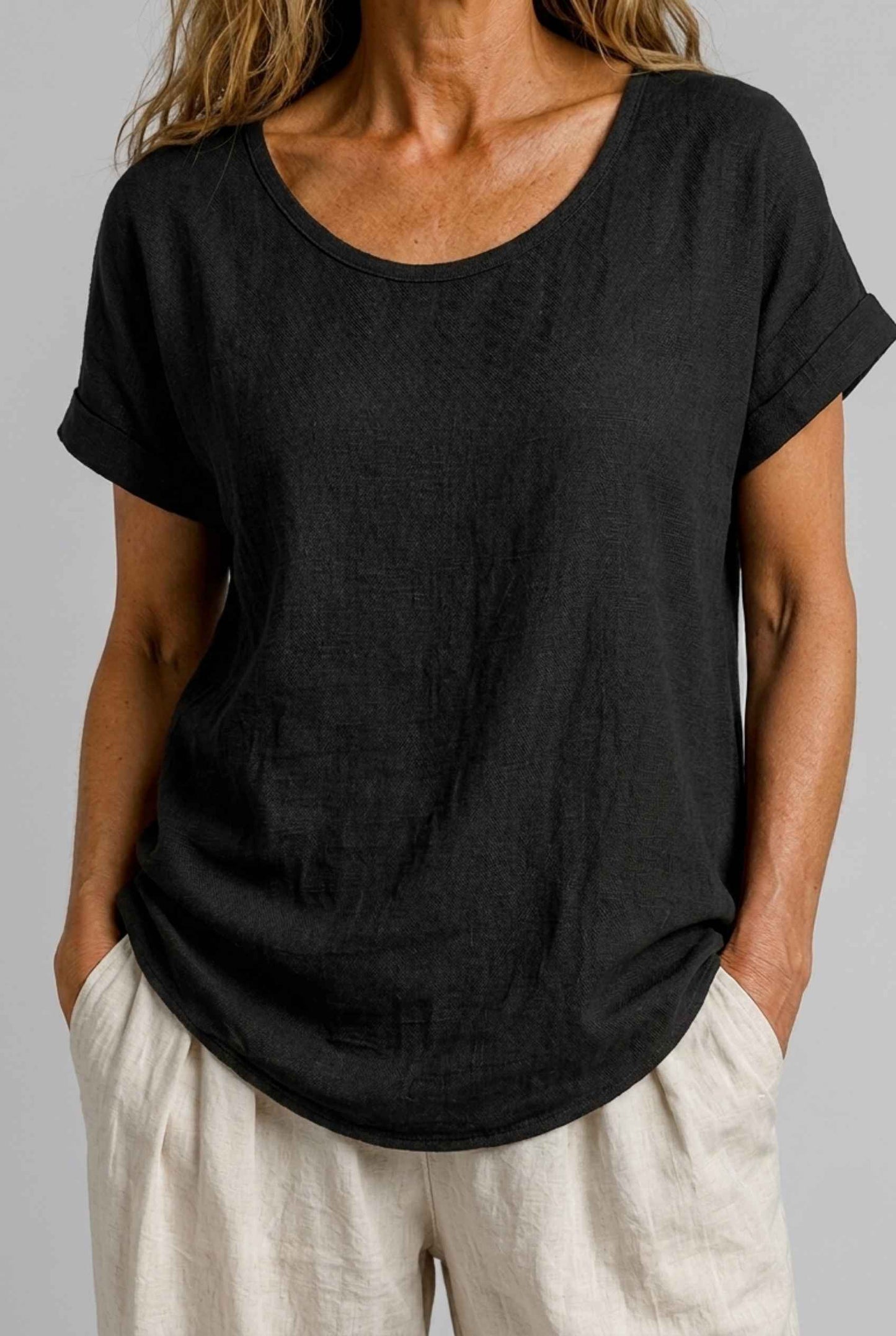 Virtual Model Wearing The Kira Cotton-Linen Top Relaxed Scoop Neck Short Sleeve Black Top
