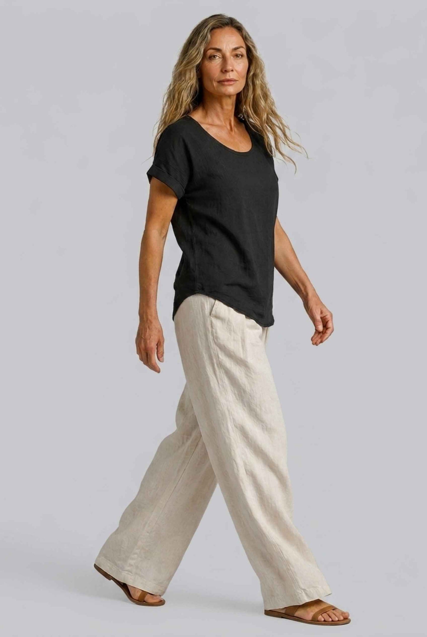 Virtual Model Wearing The Kira Cotton-Linen Top Relaxed Scoop Neck Short Sleeve Black Top