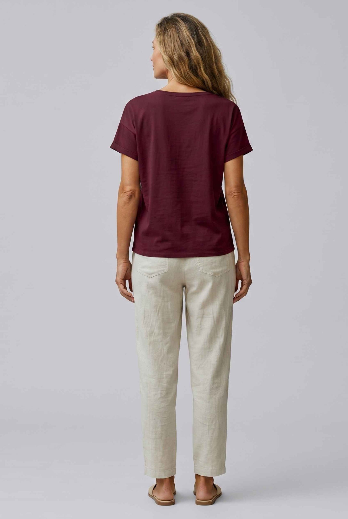 Virtual Model Wearing The Kira Cotton-Linen Top Relaxed Scoop Neck Short Sleeve Burgundy Top