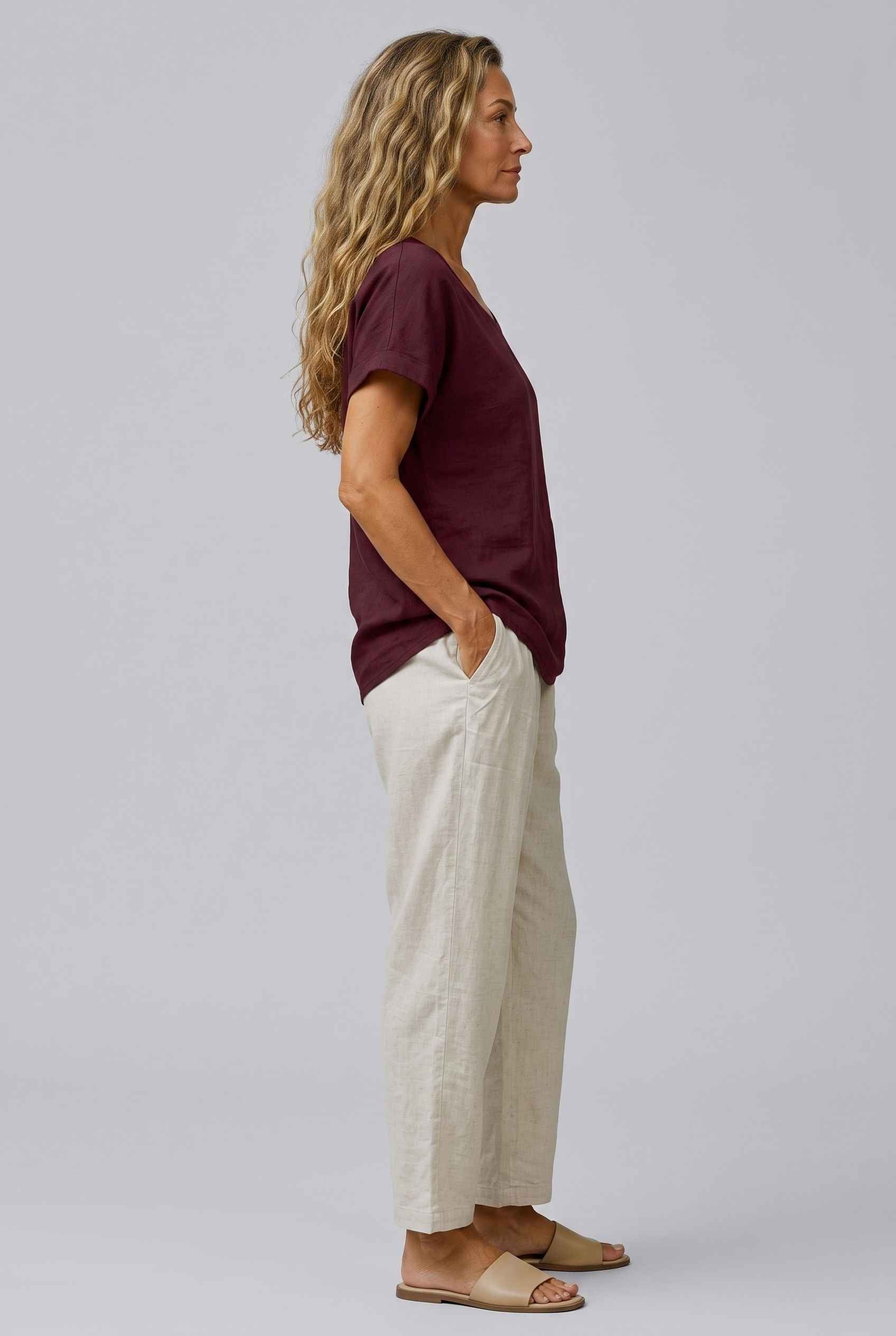 Virtual Model Wearing The Kira Cotton-Linen Top Relaxed Scoop Neck Short Sleeve Burgundy Top