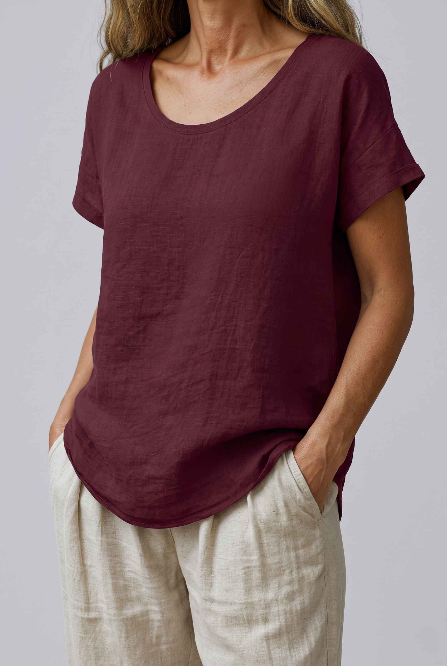 Virtual Model Wearing The Kira Cotton-Linen Top Relaxed Scoop Neck Short Sleeve Burgundy Top