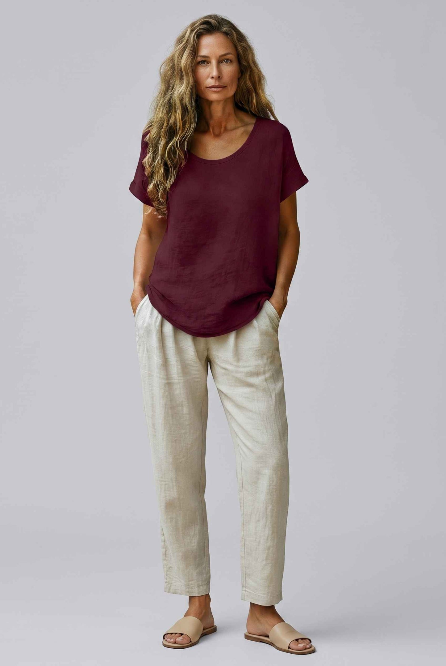 Virtual Model Wearing The Kira Cotton-Linen Top Relaxed Scoop Neck Short Sleeve Burgundy Top