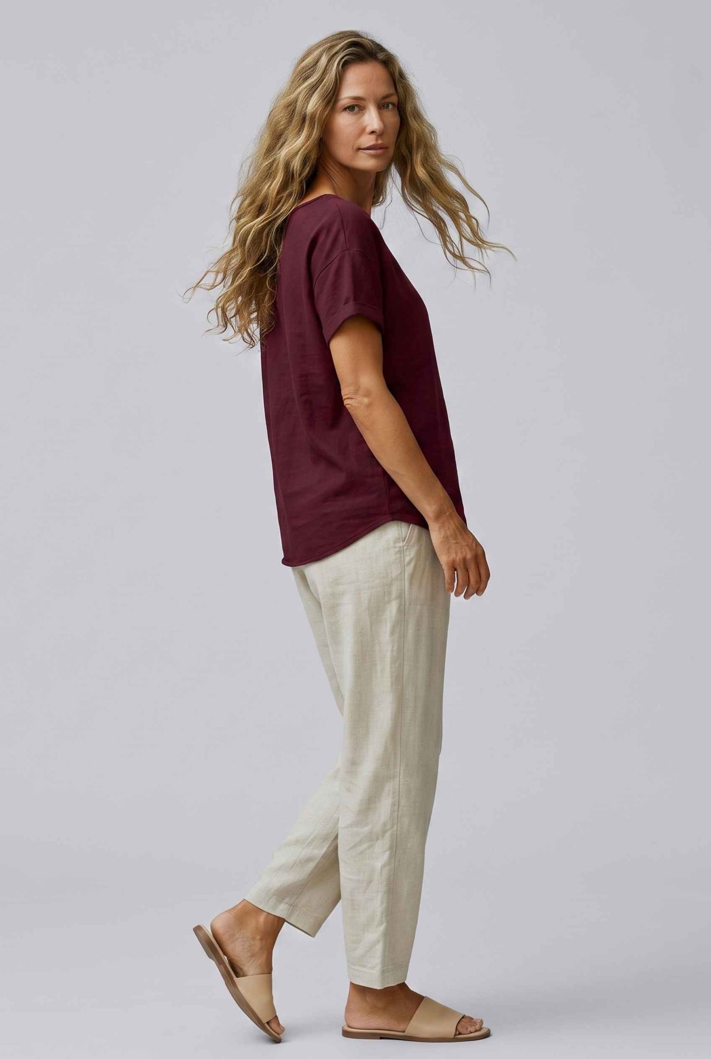 Virtual Model Wearing The Kira Cotton-Linen Top Relaxed Scoop Neck Short Sleeve Burgundy Top