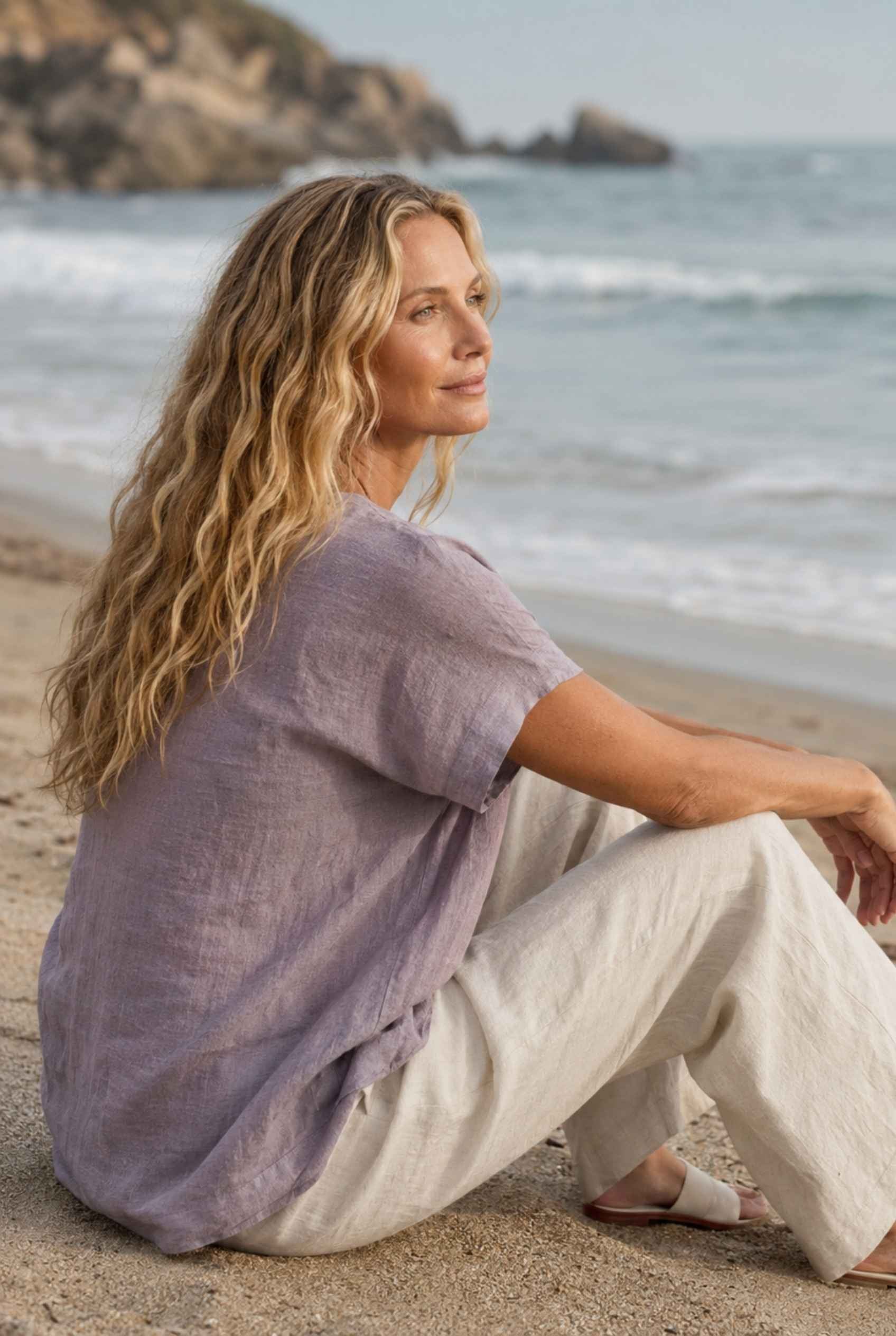 Virtual Model Wearing The Kira Cotton-Linen Top Relaxed Scoop Neck Short Sleeve Gray Top
