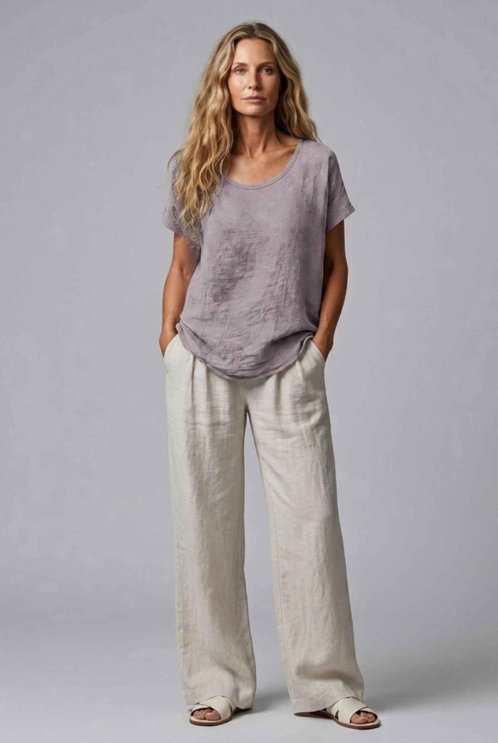 Virtual Model Wearing The Kira Cotton-Linen Top Relaxed Scoop Neck Short Sleeve Gray Top