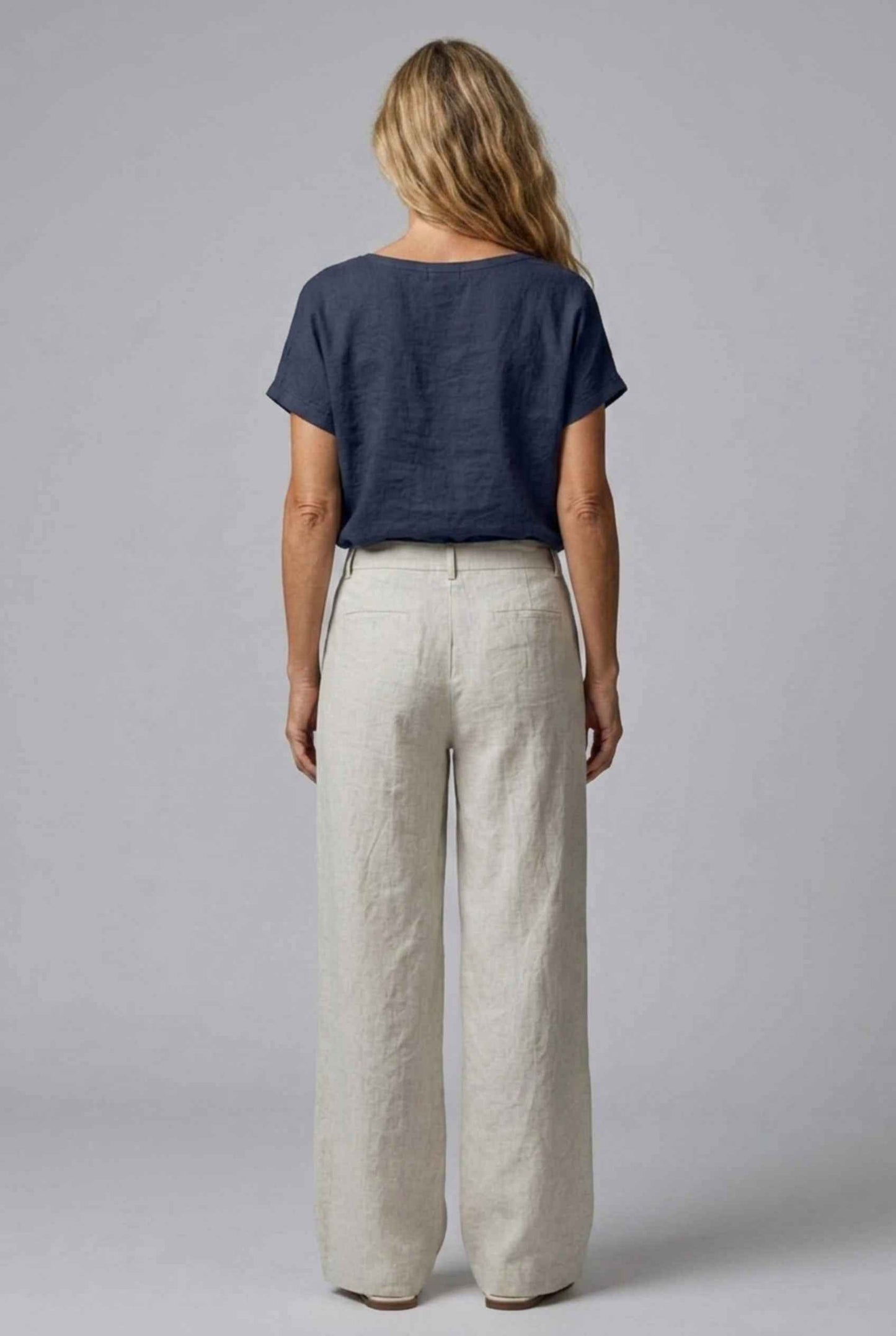 Virtual Model Wearing The Kira Cotton-Linen Top Relaxed Scoop Neck Short Sleeve Navy Top