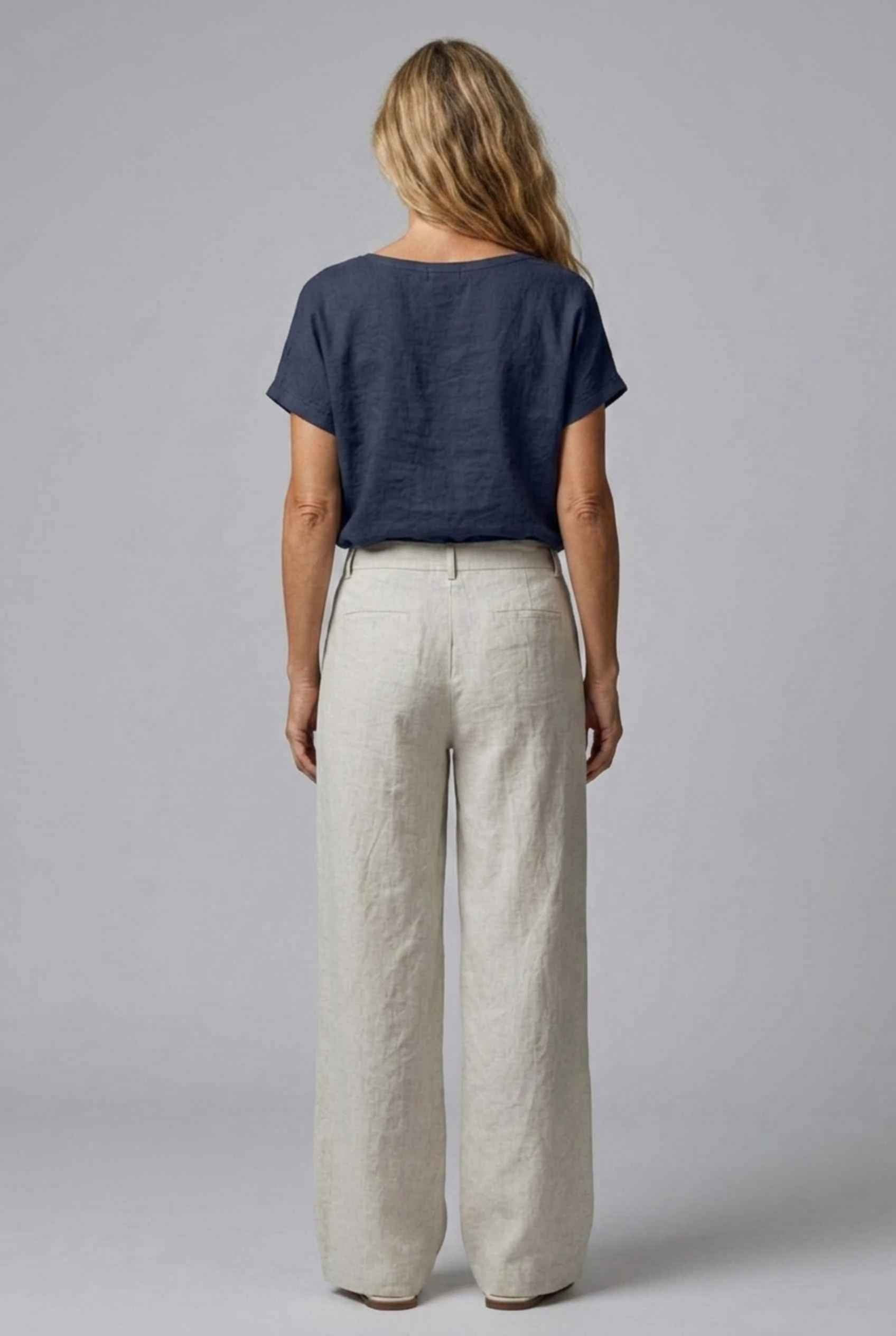 Virtual Model Wearing The Kira Cotton-Linen Top Relaxed Scoop Neck Short Sleeve Navy Top