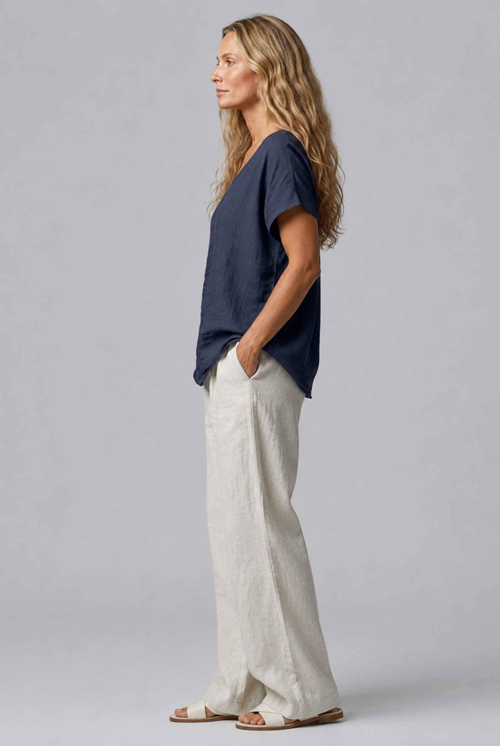 Virtual Model Wearing The Kira Cotton-Linen Top Relaxed Scoop Neck Short Sleeve Navy Top