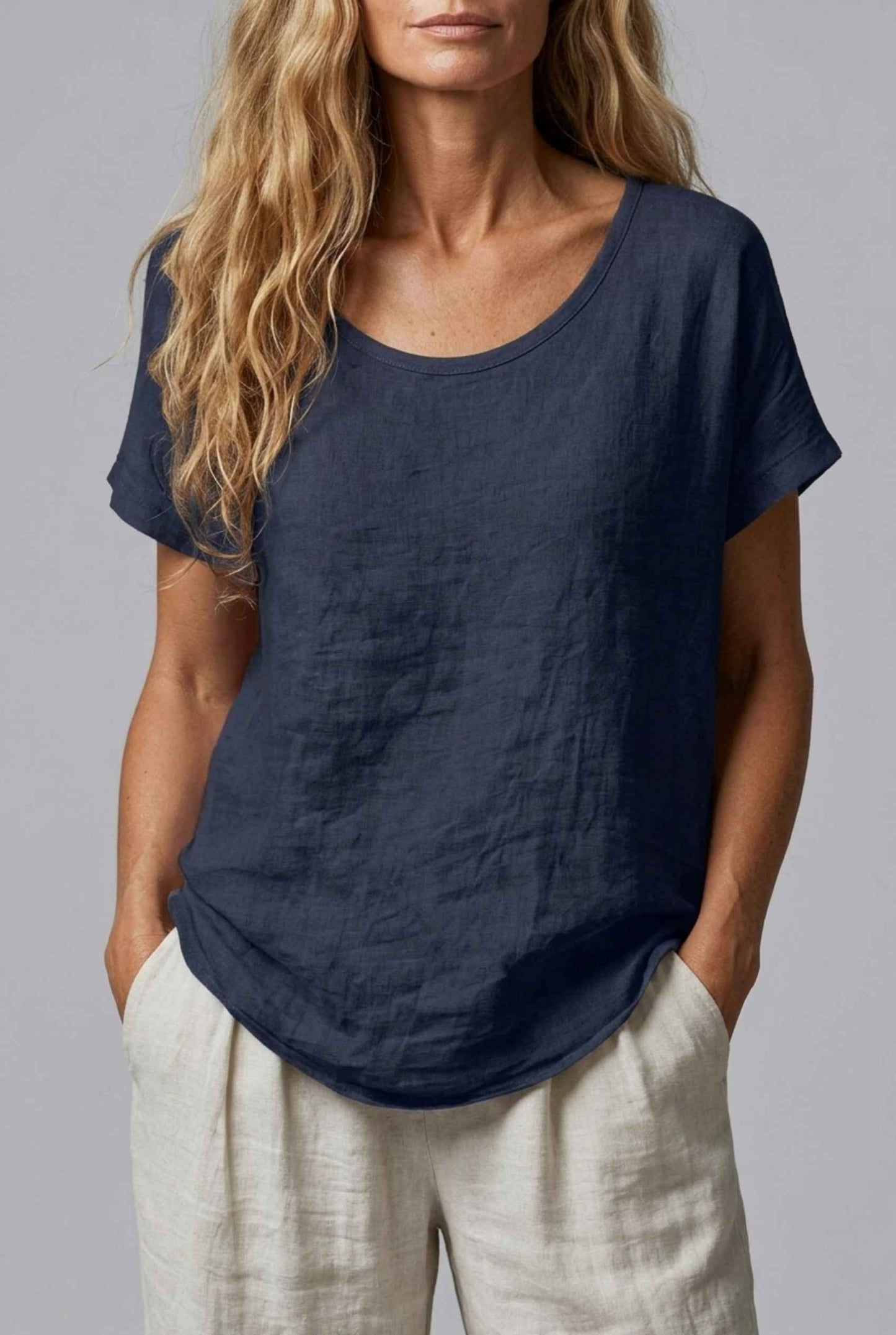 Virtual Model Wearing The Kira Cotton-Linen Top Relaxed Scoop Neck Short Sleeve Navy Top