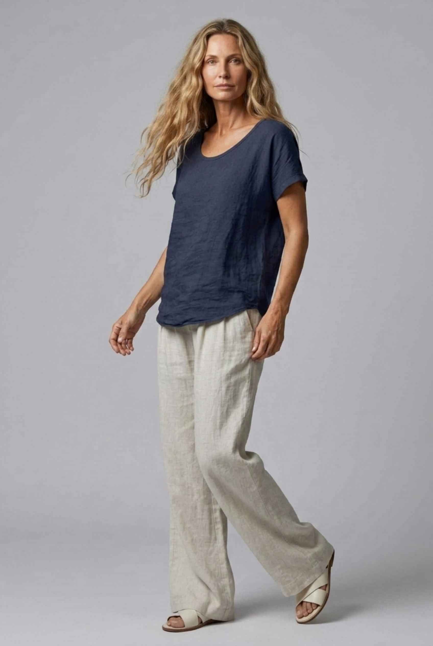 Virtual Model Wearing The Kira Cotton-Linen Top Relaxed Scoop Neck Short Sleeve Navy Top