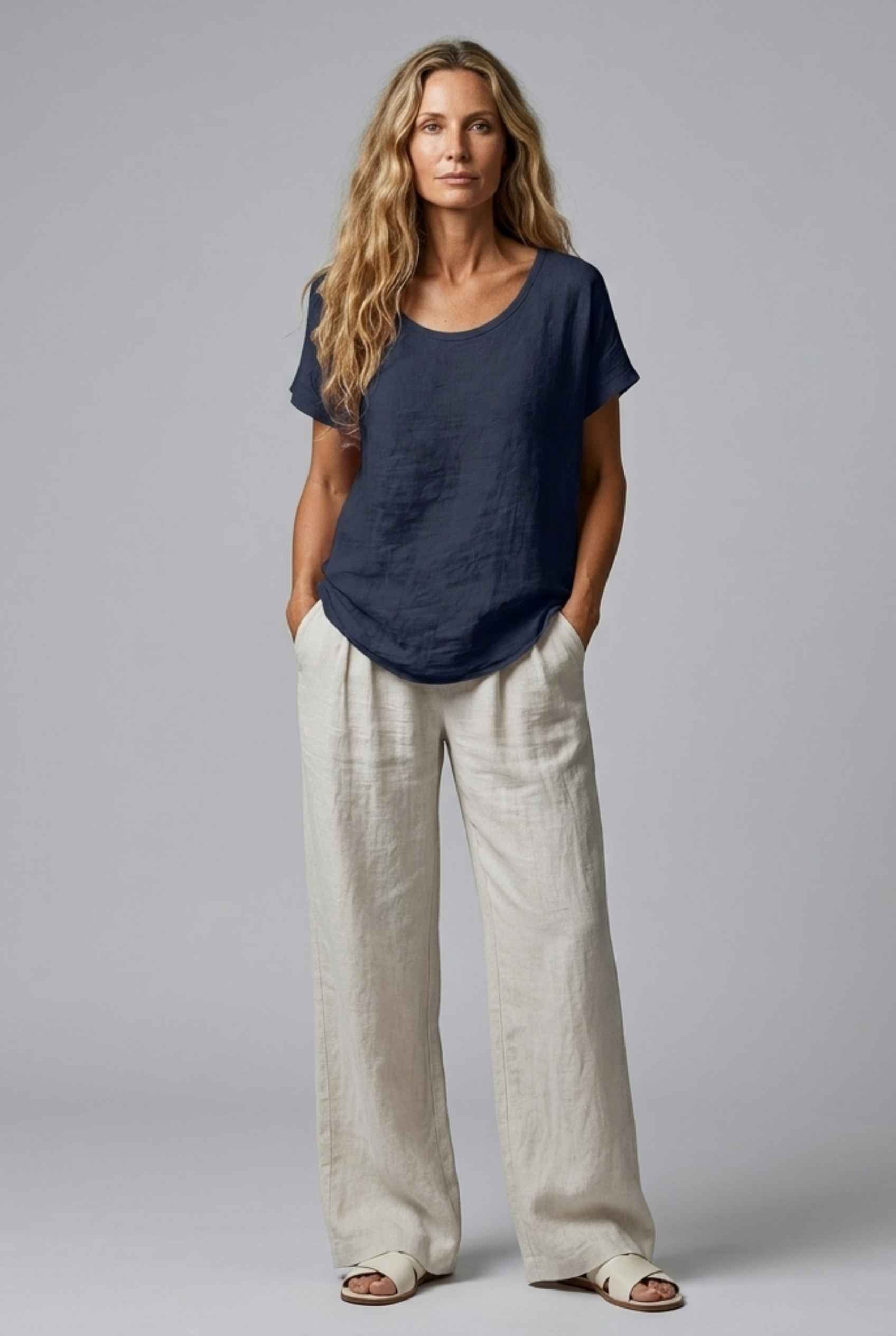 Virtual Model Wearing The Kira Cotton-Linen Top Relaxed Scoop Neck Short Sleeve Navy Top