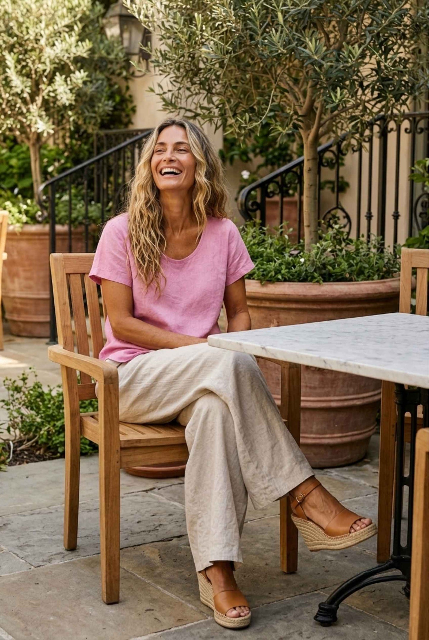 Virtual Model Wearing The Kira Cotton-Linen Top Relaxed Scoop Neck Short Sleeve Pink Top