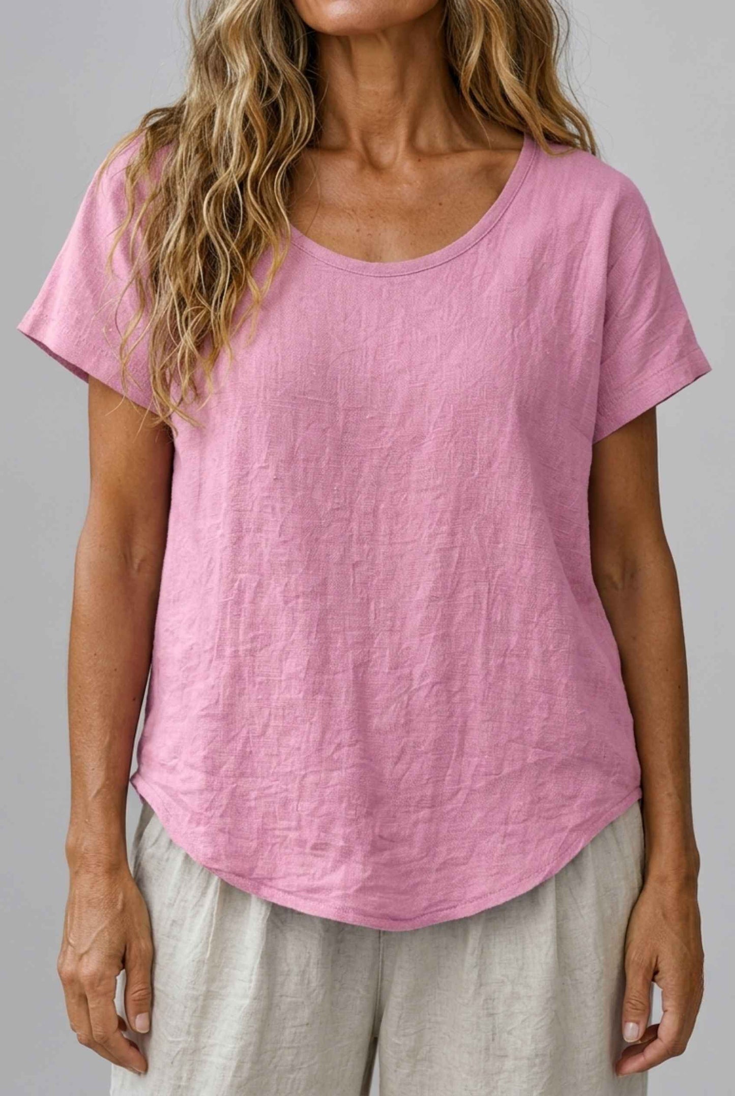 Virtual Model Wearing The Kira Cotton-Linen Top Relaxed Scoop Neck Short Sleeve Pink Top