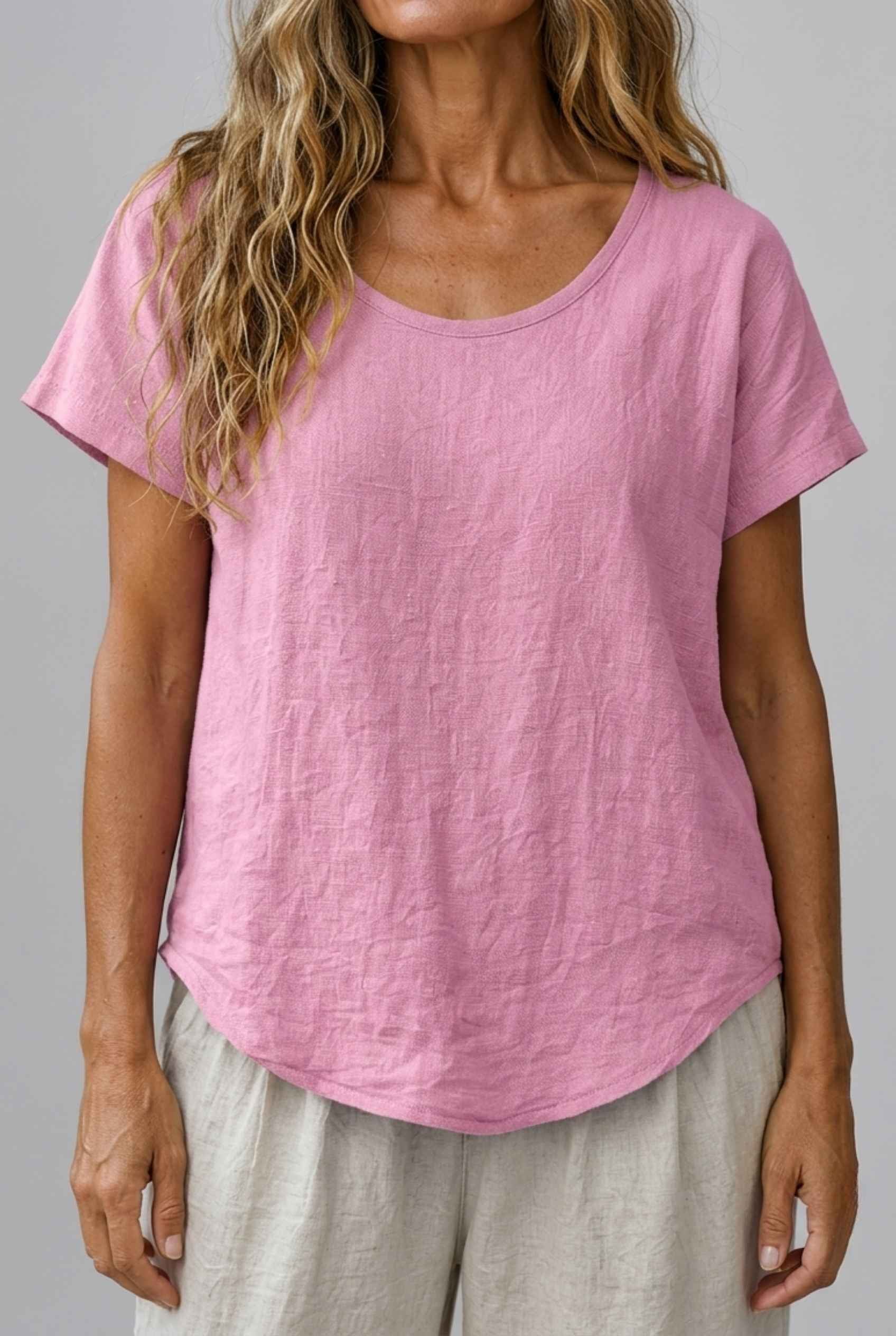 Virtual Model Wearing The Kira Cotton-Linen Top Relaxed Scoop Neck Short Sleeve Pink Top