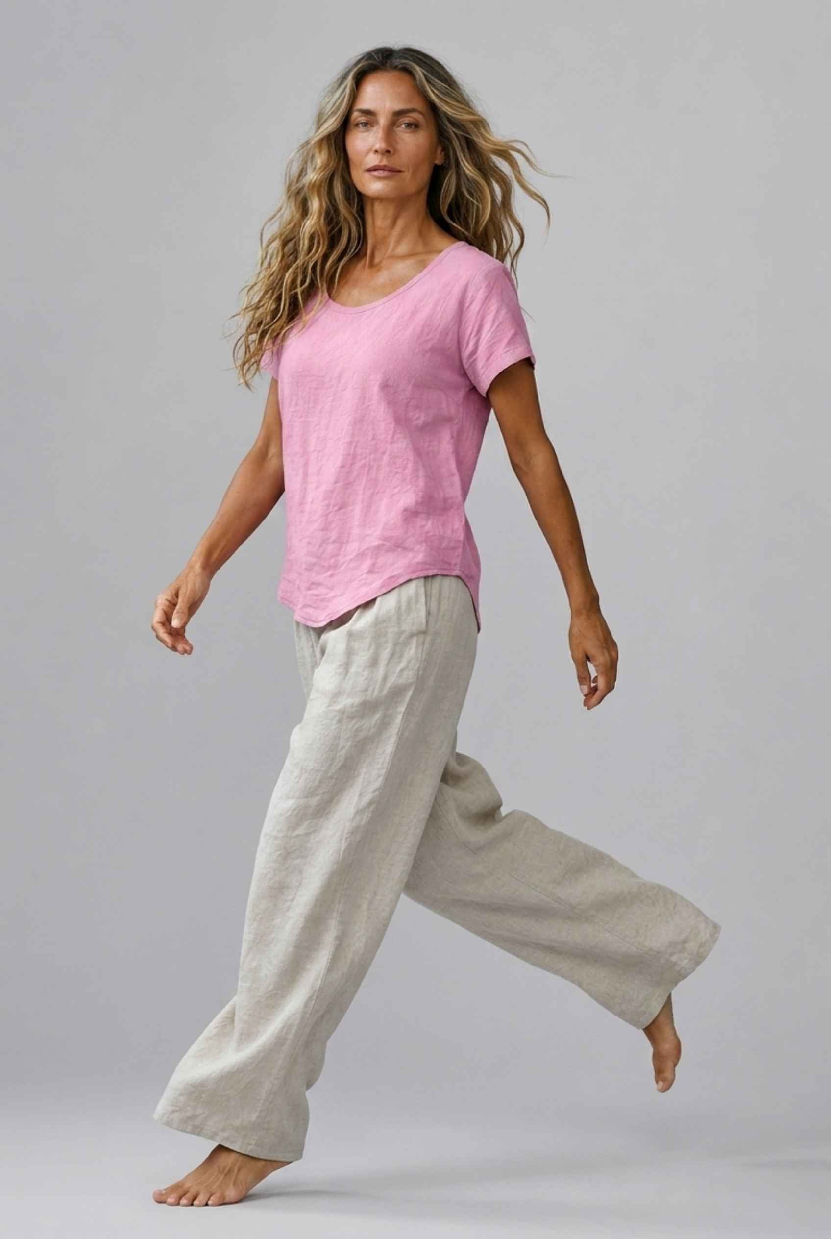 Virtual Model Wearing The Kira Cotton-Linen Top Relaxed Scoop Neck Short Sleeve Pink Top