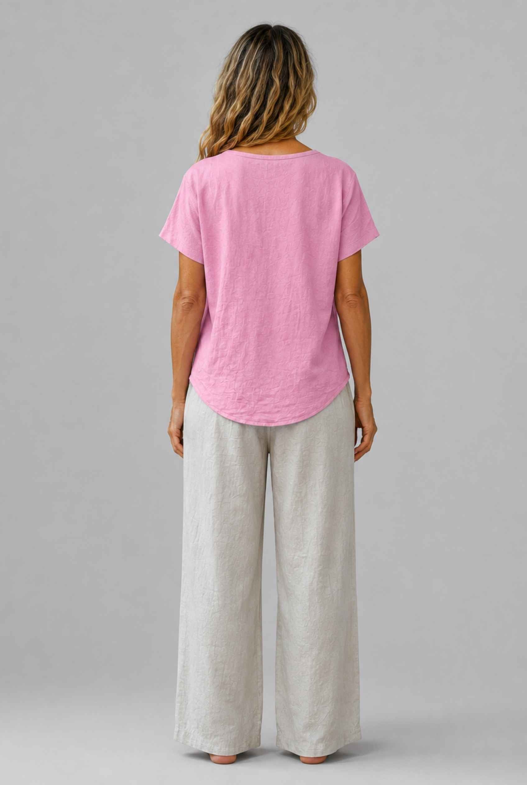 Virtual Model Wearing The Kira Cotton-Linen Top Relaxed Scoop Neck Short Sleeve Pink Top
