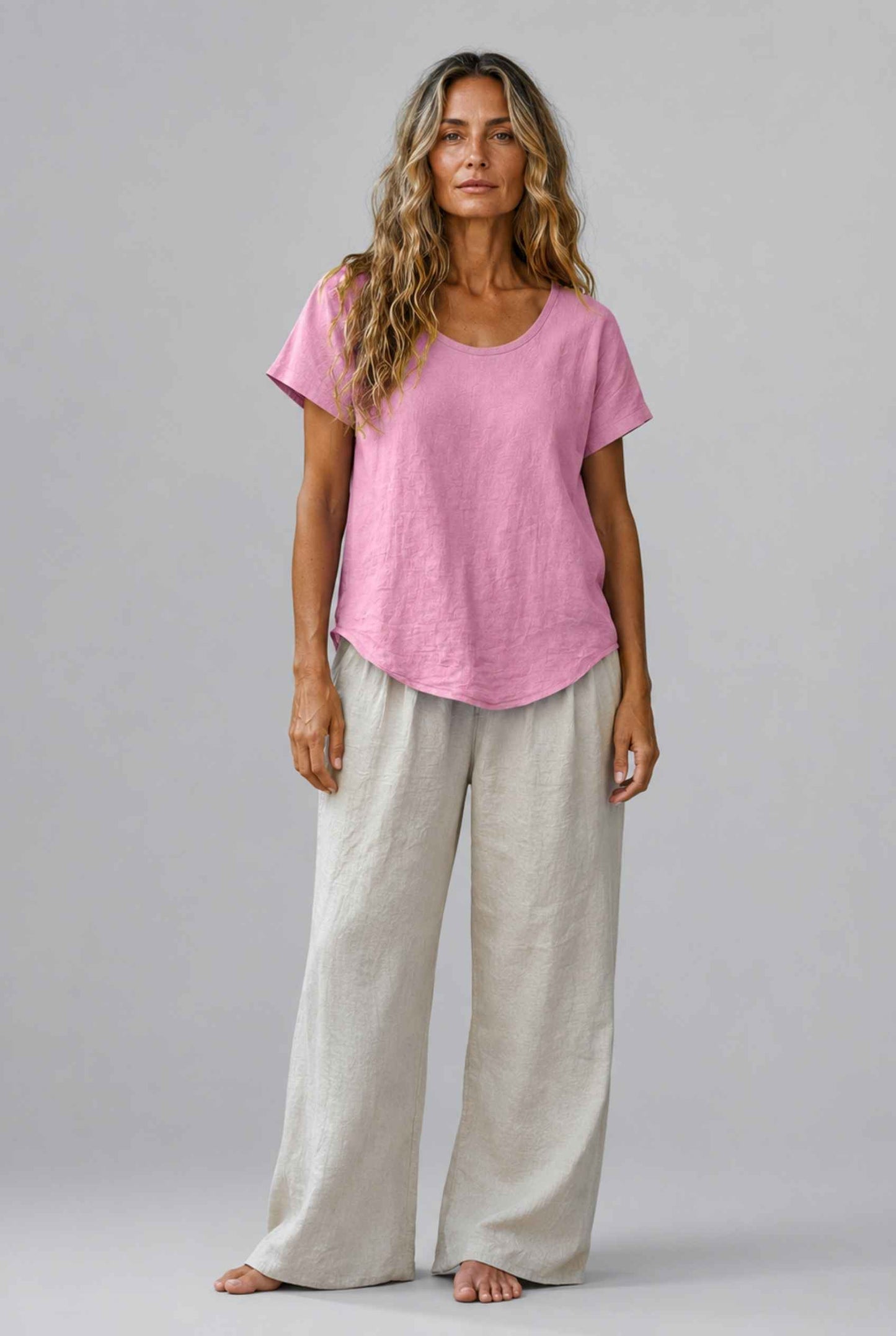 Virtual Model Wearing The Kira Cotton-Linen Top Relaxed Scoop Neck Short Sleeve Pink Top