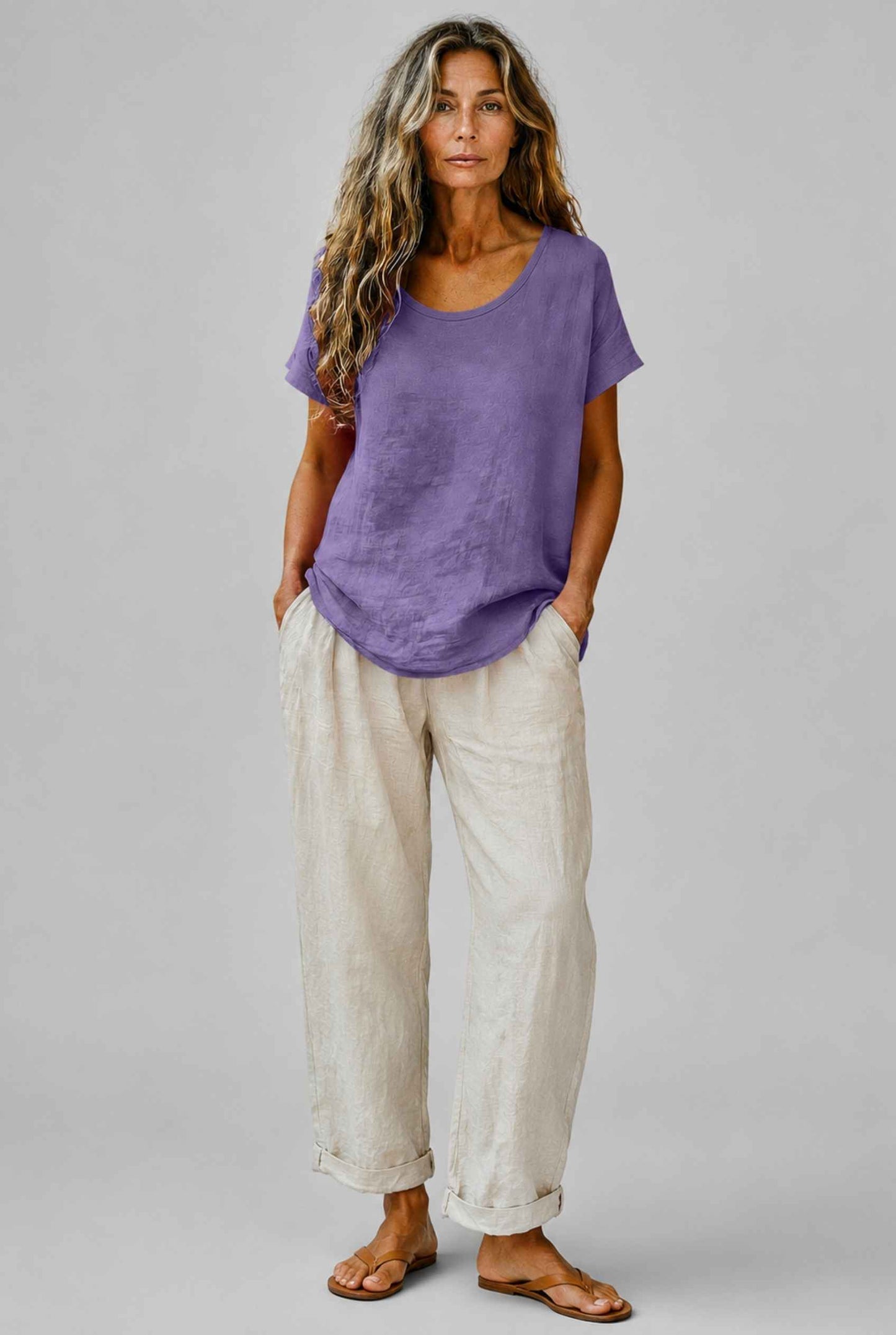 Virtual Model Wearing The Kira Cotton-Linen Top Relaxed Scoop Neck Short Sleeve Purple Top