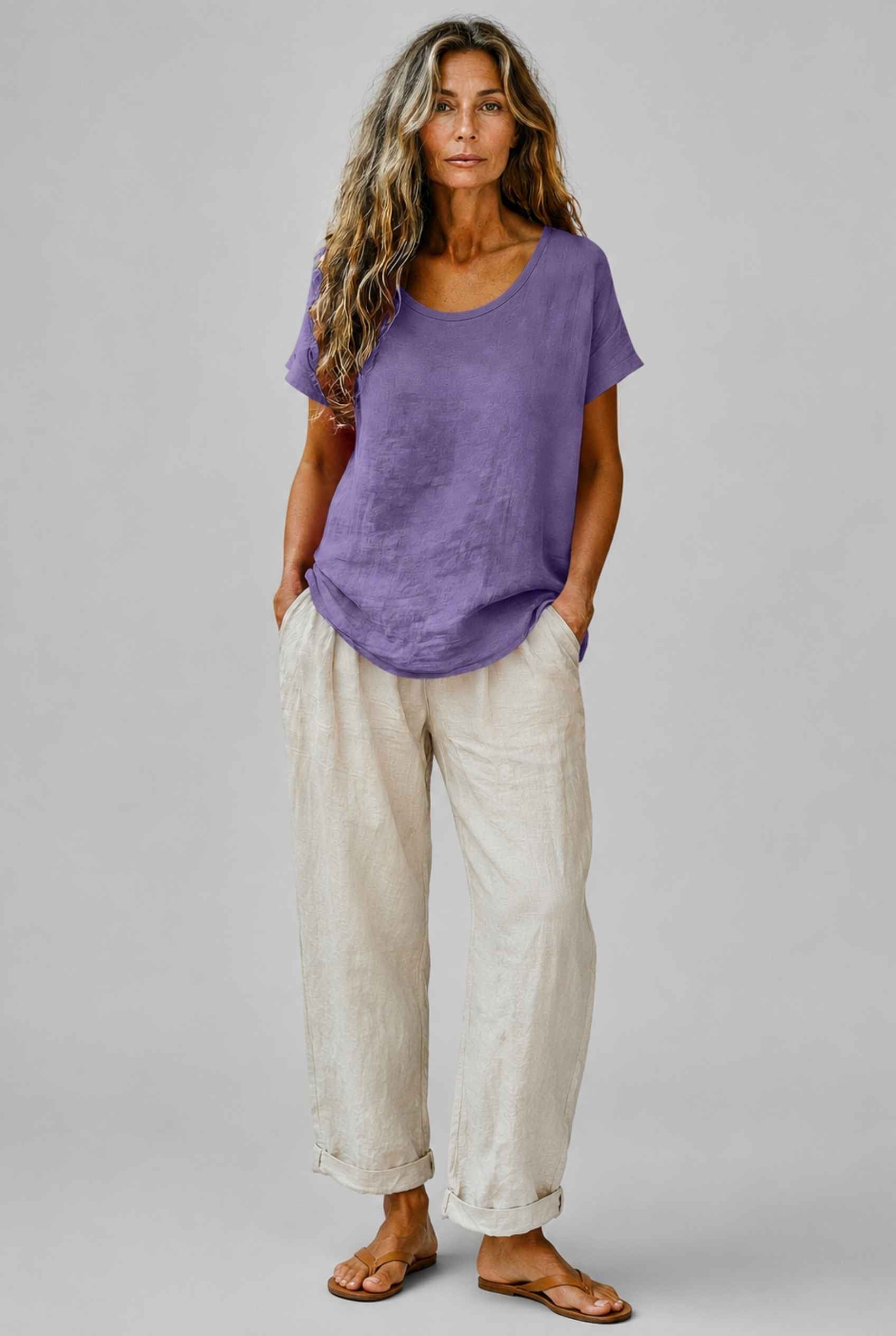 Virtual Model Wearing The Kira Cotton-Linen Top Relaxed Scoop Neck Short Sleeve Purple Top