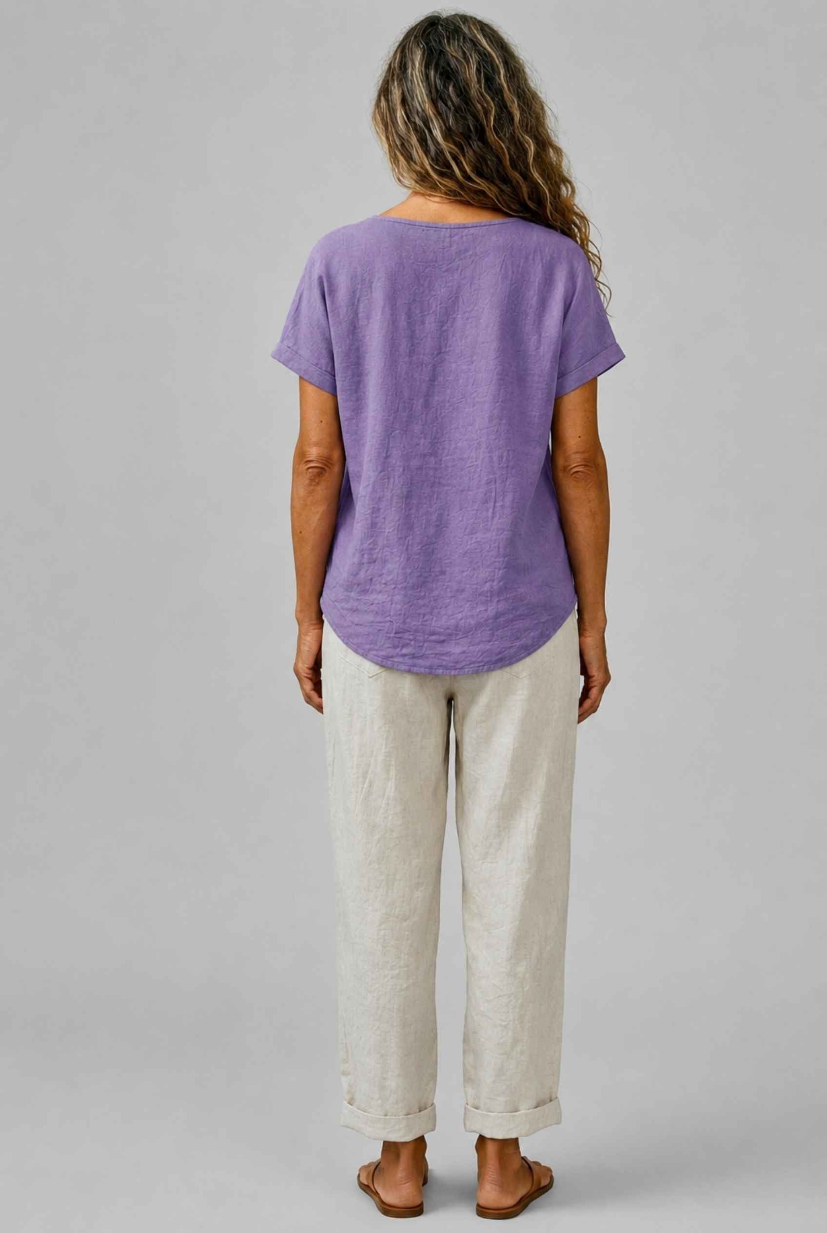 Virtual Model Wearing The Kira Cotton-Linen Top Relaxed Scoop Neck Short Sleeve Purple Top