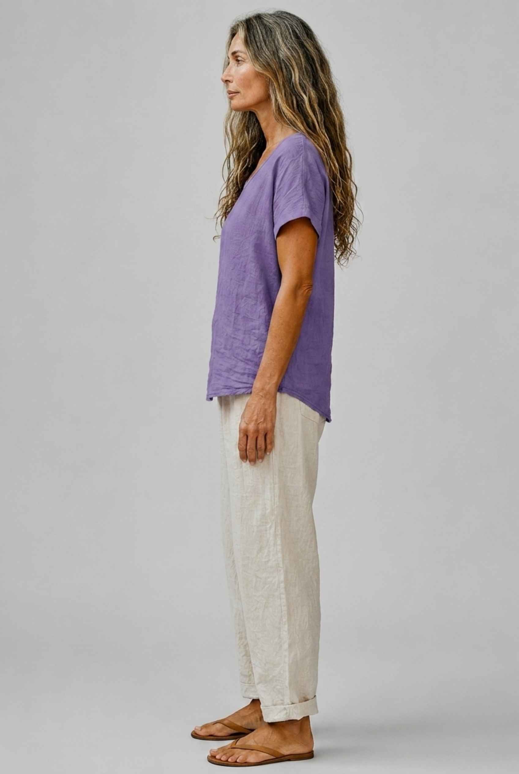 Virtual Model Wearing The Kira Cotton-Linen Top Relaxed Scoop Neck Short Sleeve Purple Top