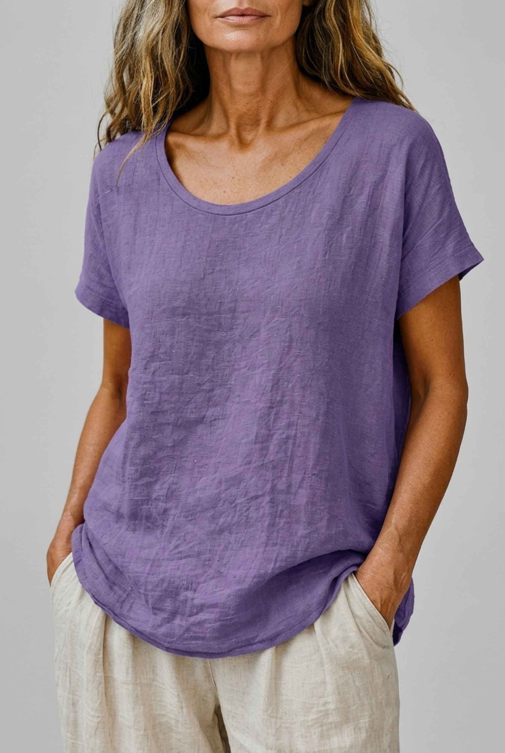 Virtual Model Wearing The Kira Cotton-Linen Top Relaxed Scoop Neck Short Sleeve Purple Top